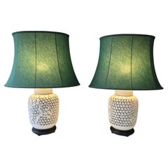 Pair Mid-Century Chinese Blanc de Chine Reticulated Porcelain Chinoiserie Lamps
