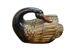 Pair Mid Century Chinese Lacquered Carved Hardwood Swan Sculptures Decoy 13"