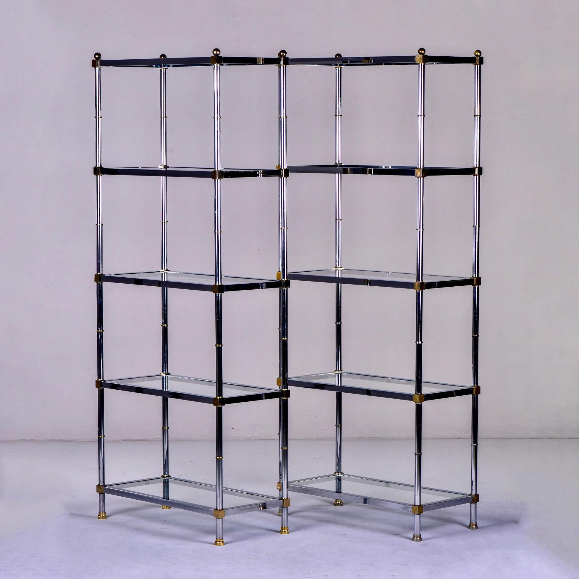Glass Pair of Midcentury Chrome and Brass Étagères in Manner of Maison Jansen