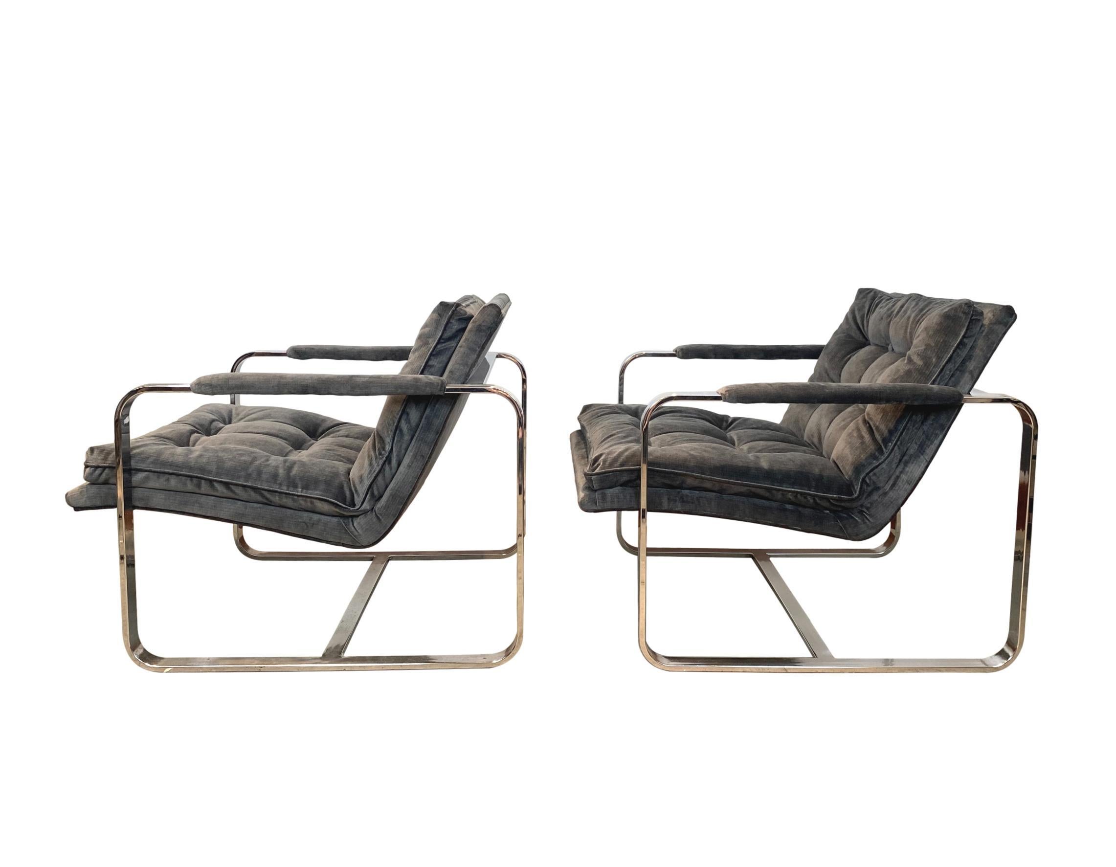 Mid-Century Modern Pair of Midcentury Chrome Lounge Chairs, circa 1970, New Scalamandré Upholstery