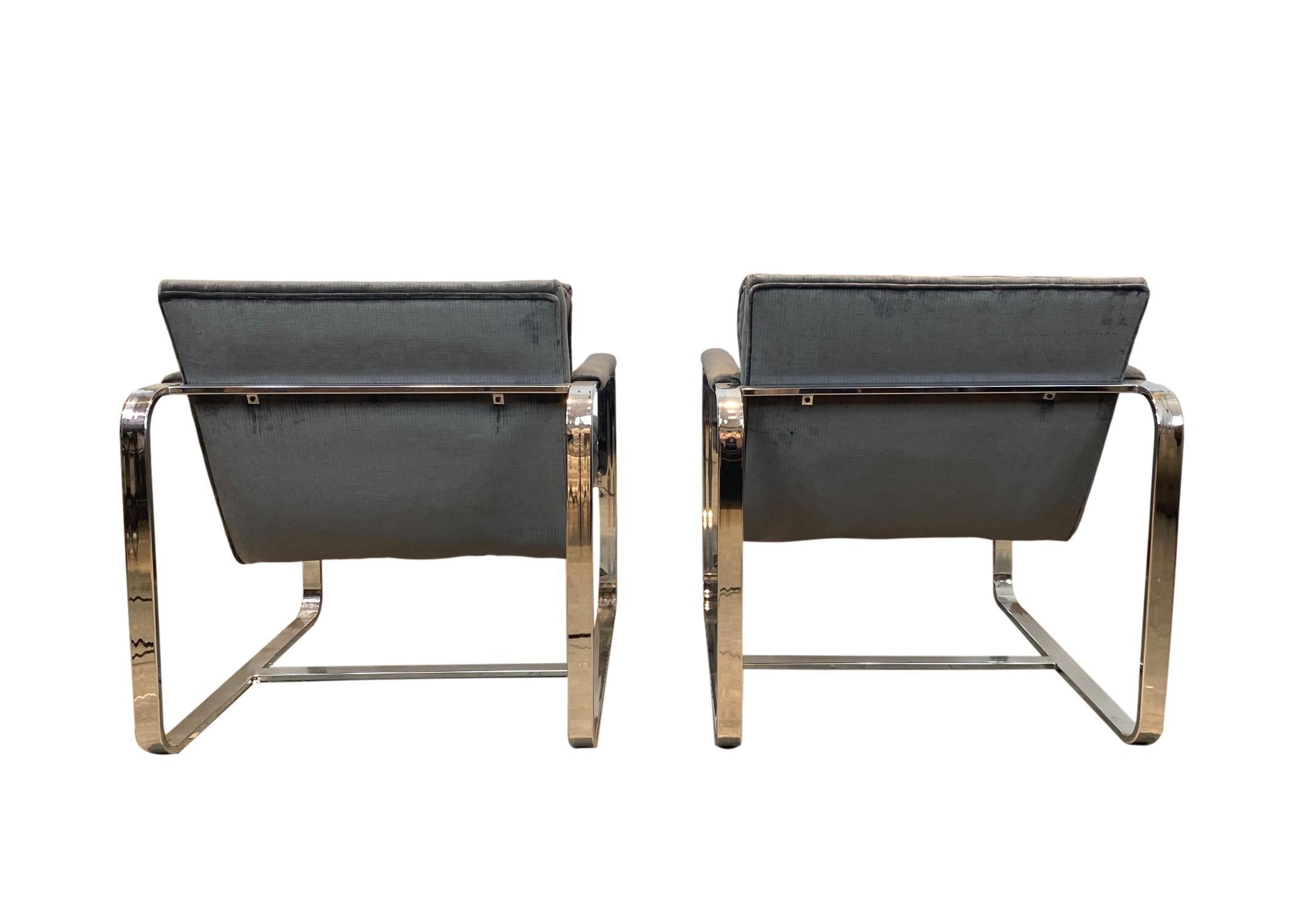 American Pair of Midcentury Chrome Lounge Chairs, circa 1970, New Scalamandré Upholstery