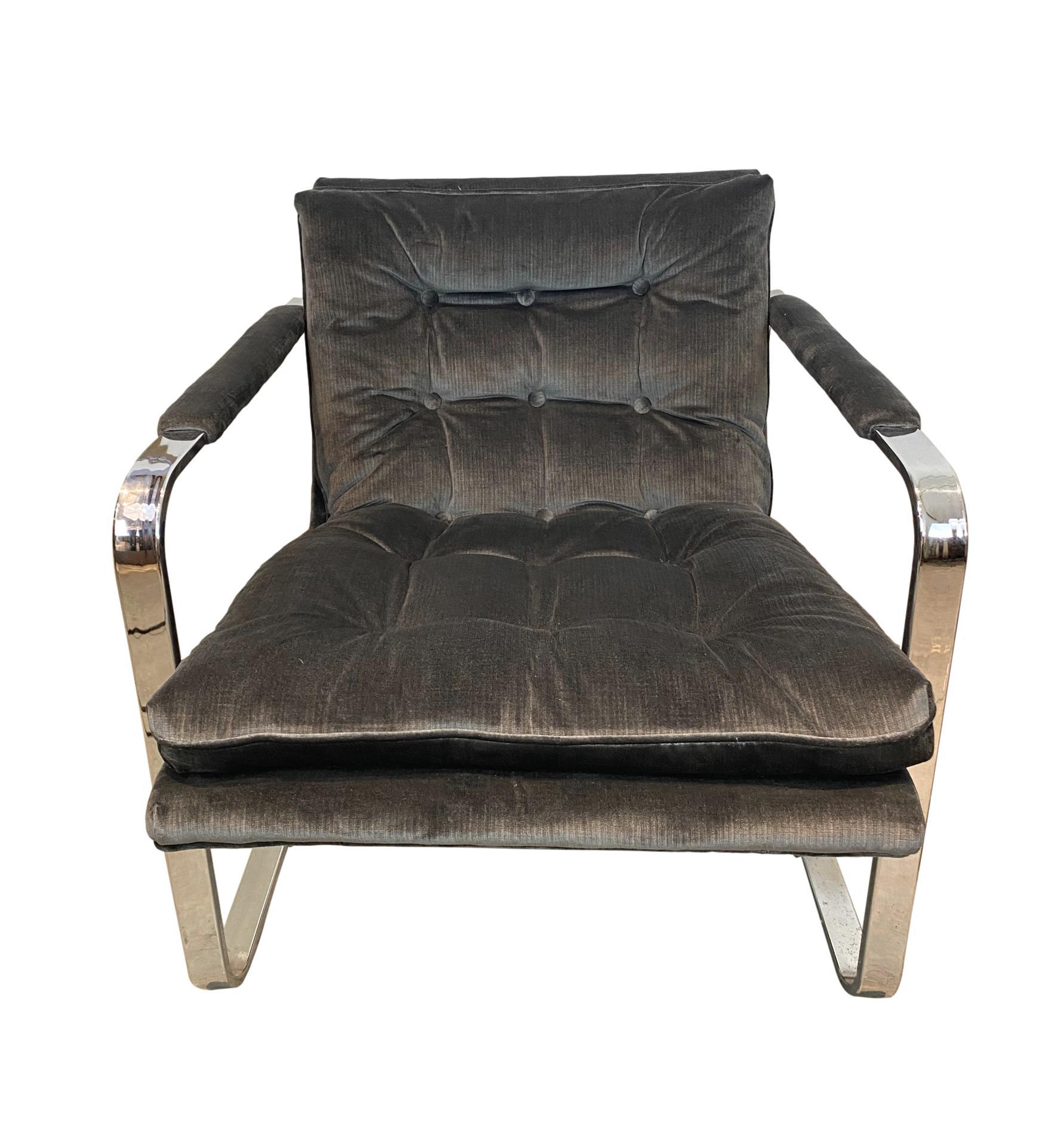 Forged Pair of Midcentury Chrome Lounge Chairs, circa 1970, New Scalamandré Upholstery