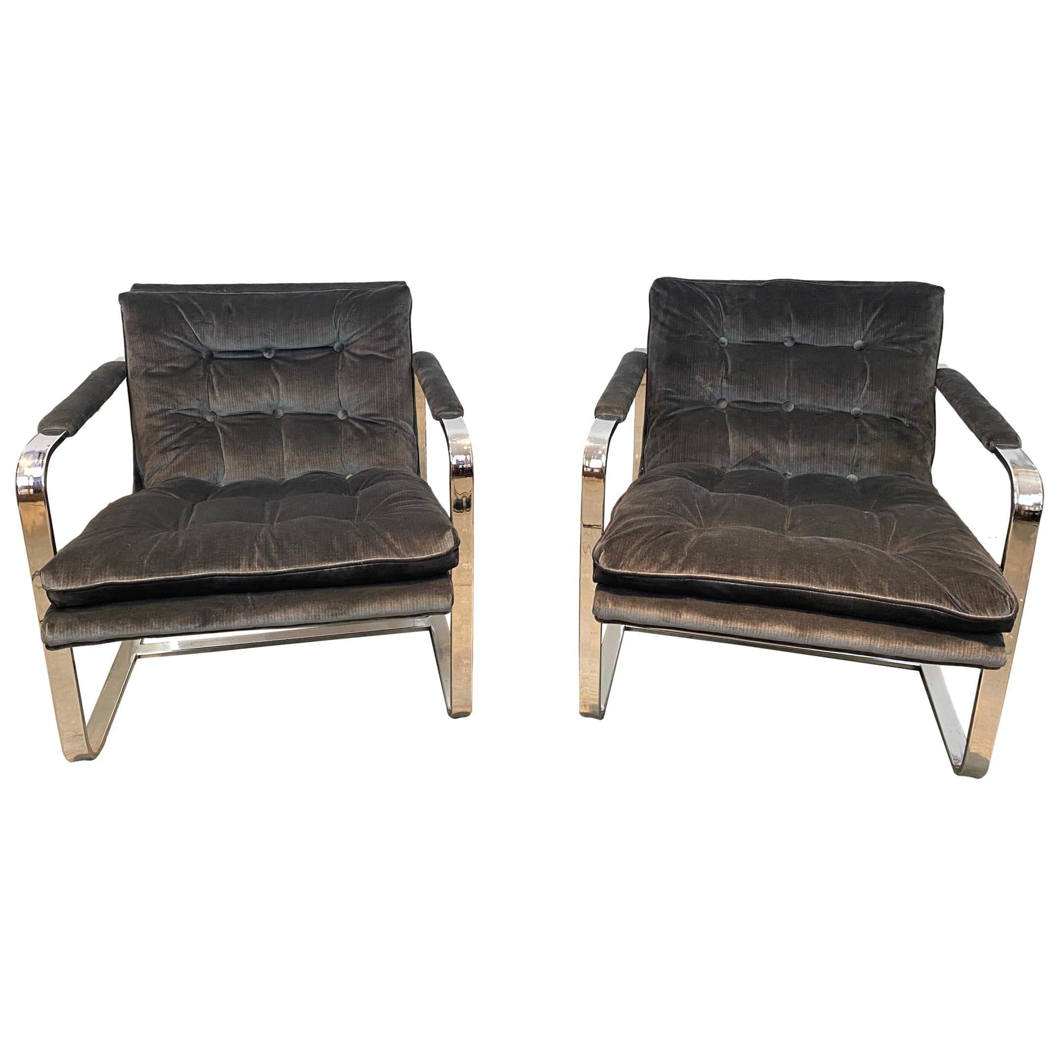 Pair of Midcentury Chrome Lounge Chairs, circa 1970, New Scalamandré Upholstery