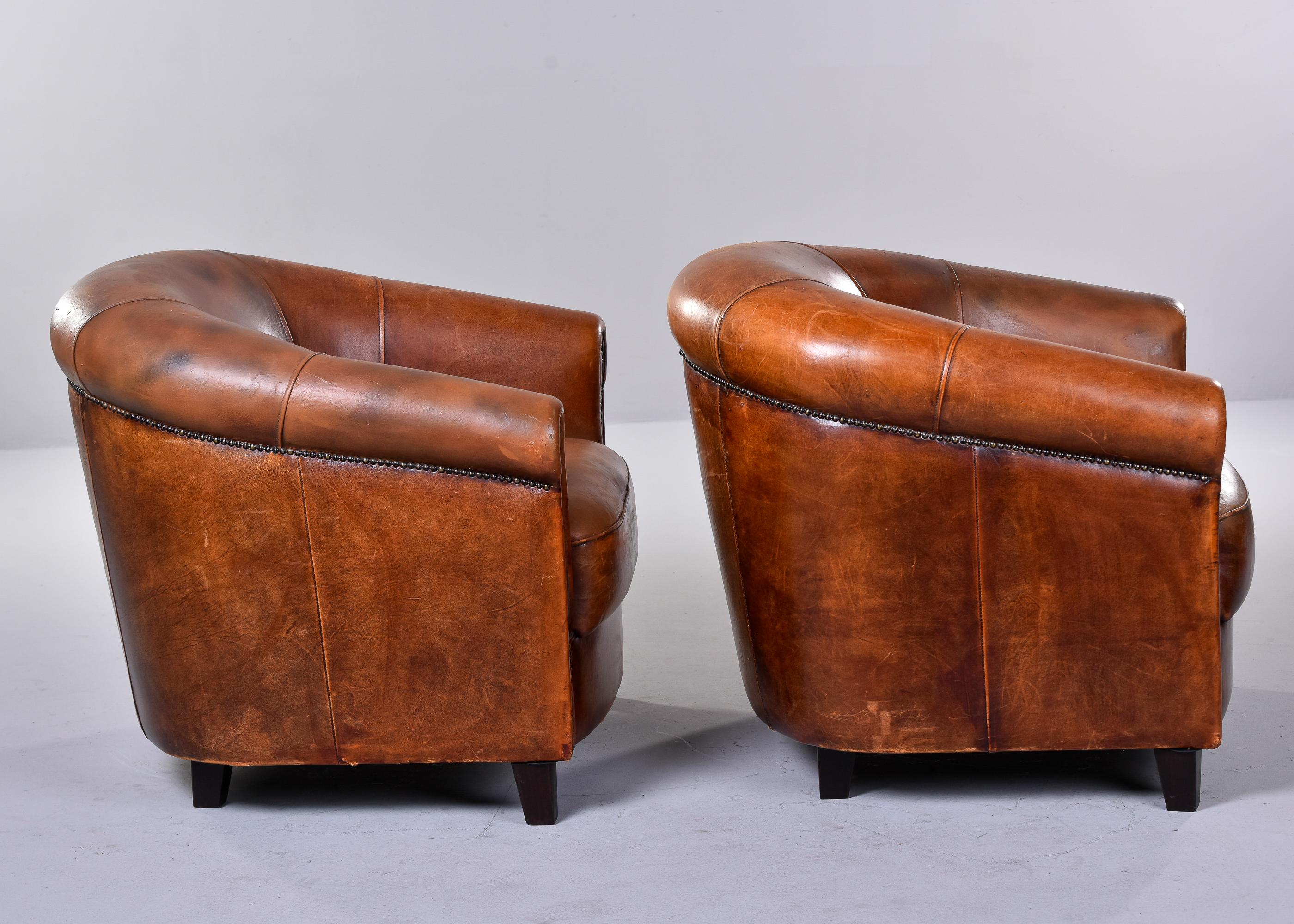 Pair Mid-Century Cigar Brown Joris De Groot Leather Club Chairs 4