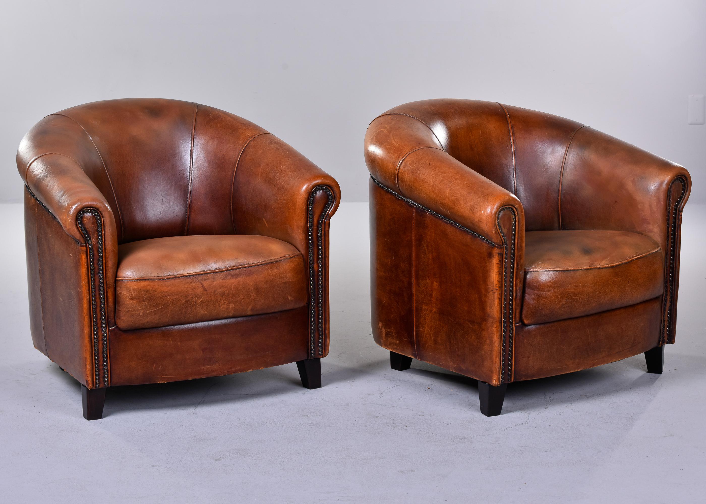 Pair Mid-Century Cigar Brown Joris De Groot Leather Club Chairs 5