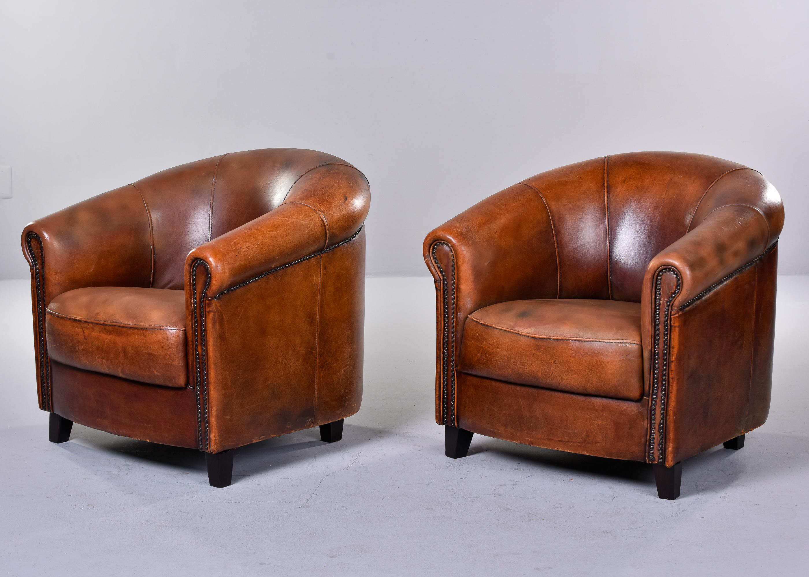 Pair Mid-Century Cigar Brown Joris De Groot Leather Club Chairs In Good Condition In Troy, MI
