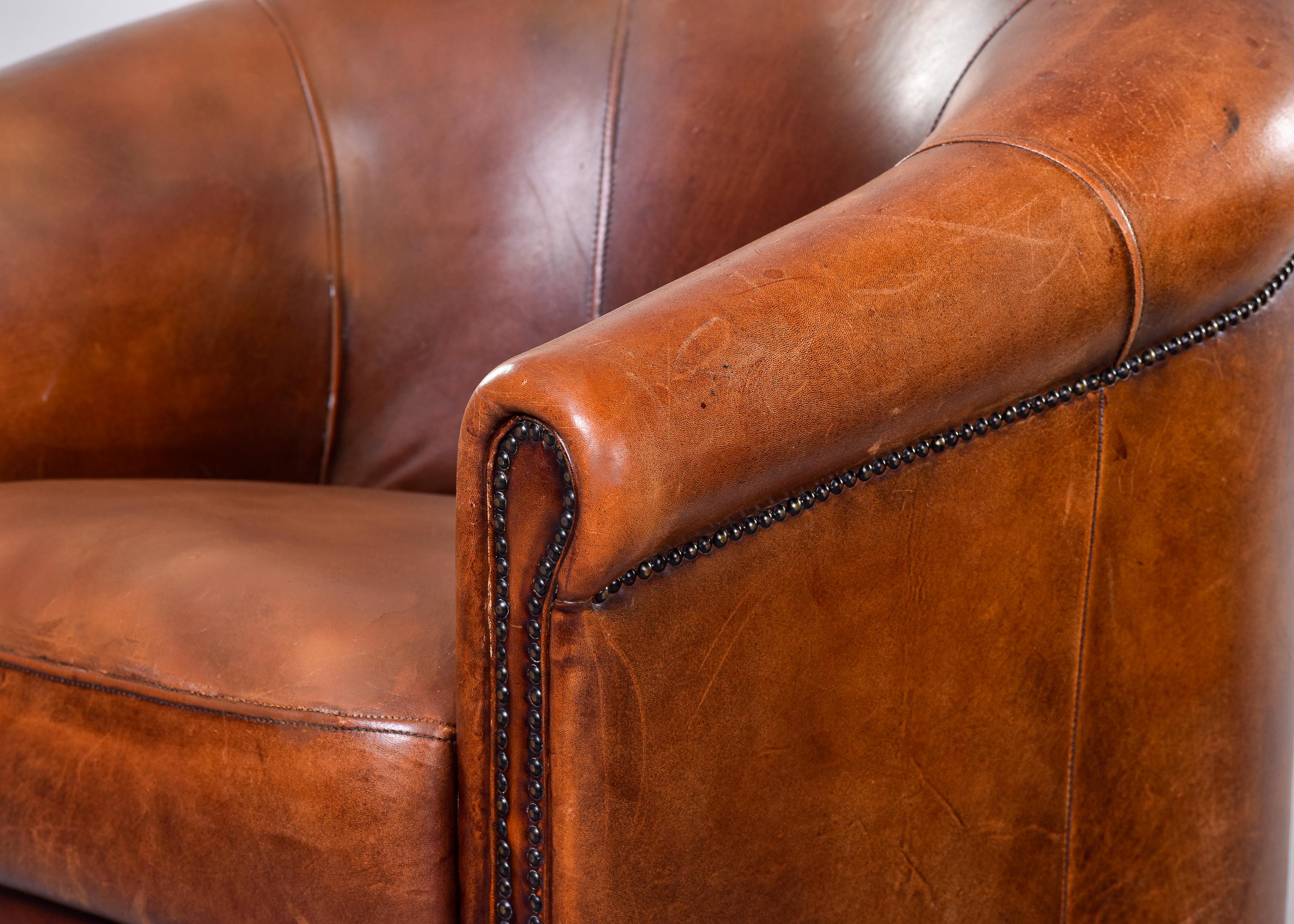 20th Century Pair Mid-Century Cigar Brown Joris De Groot Leather Club Chairs