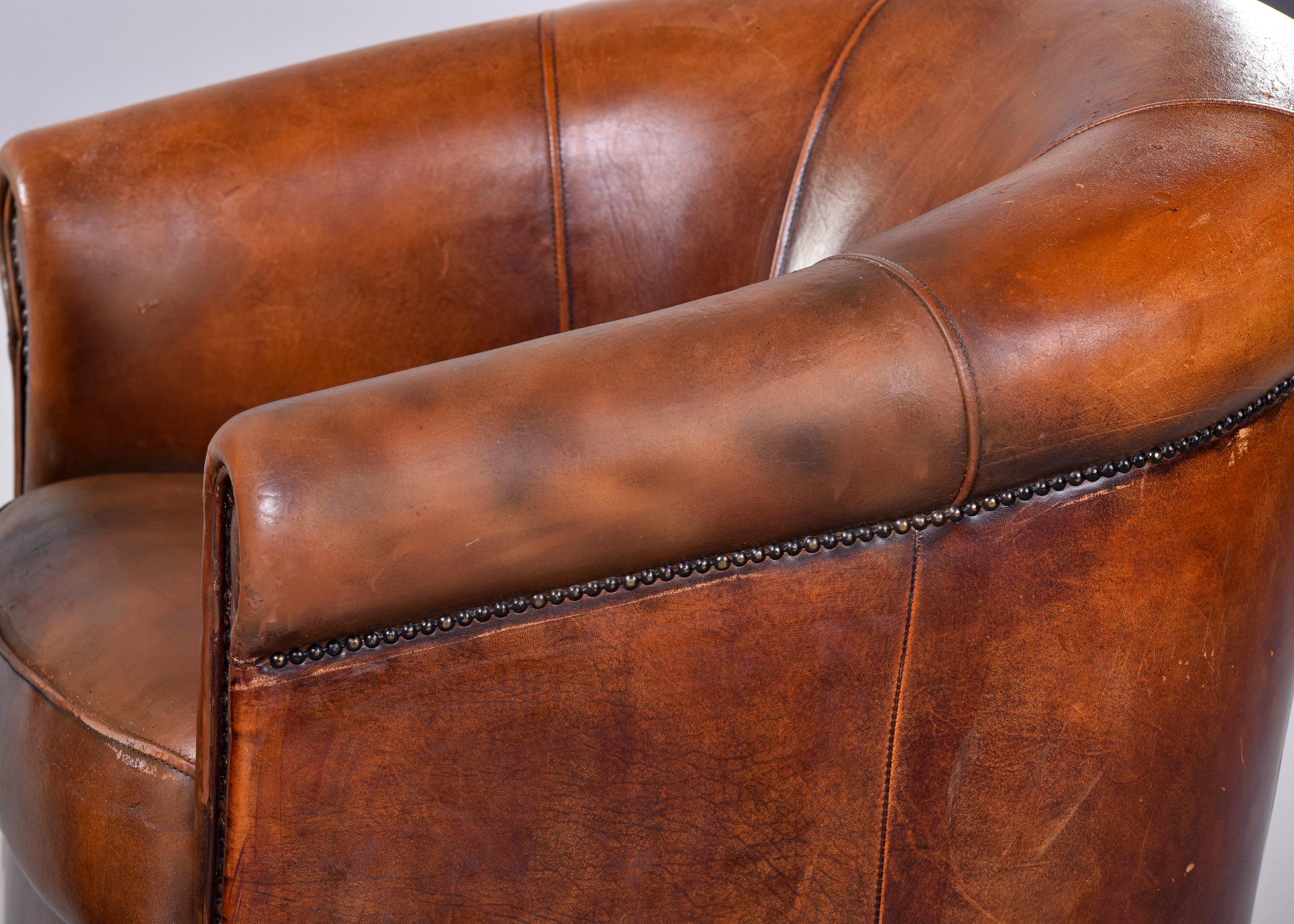 Brass Pair Mid-Century Cigar Brown Joris De Groot Leather Club Chairs