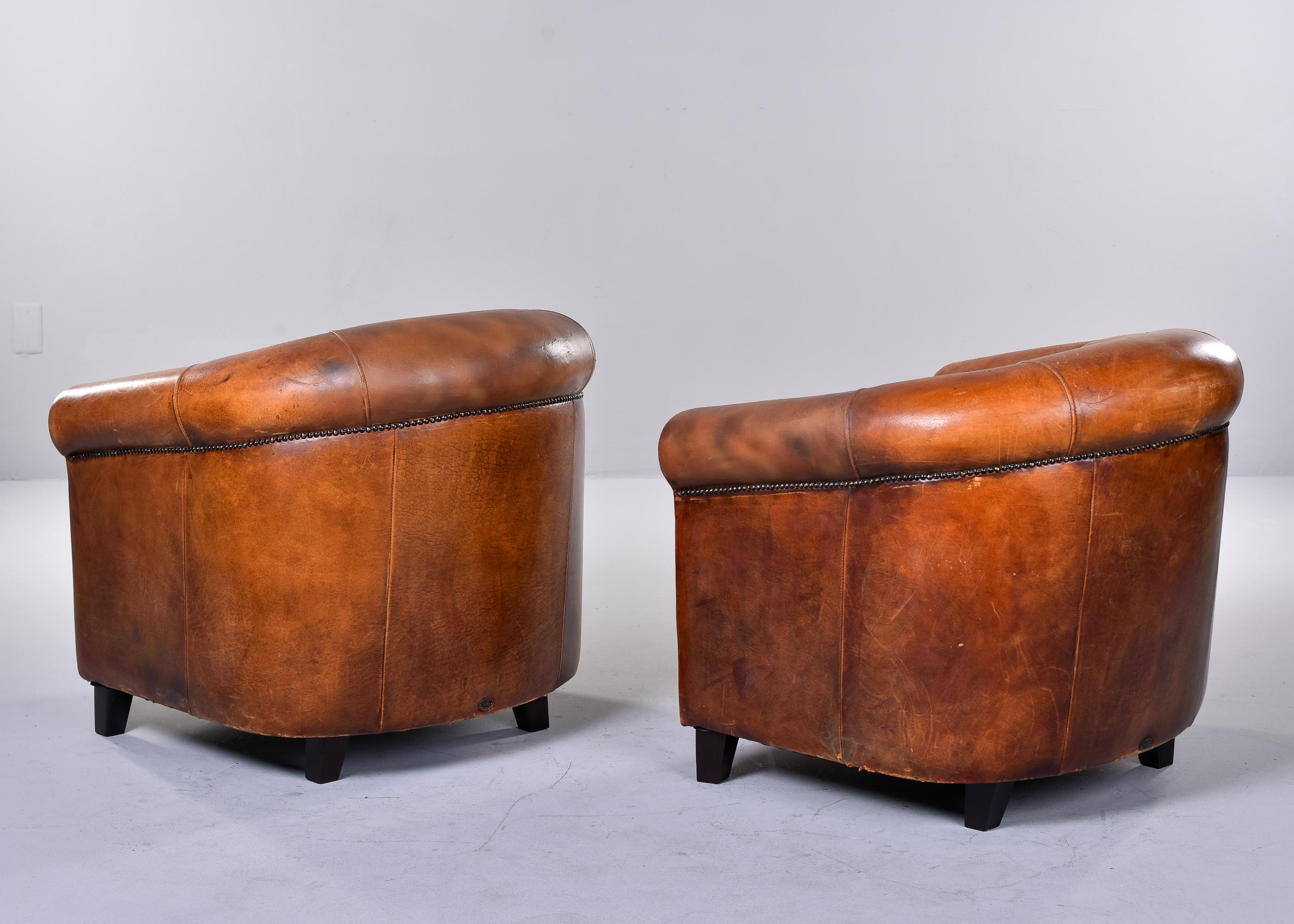 Pair Mid-Century Cigar Brown Joris De Groot Leather Club Chairs 1