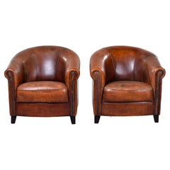 Vintage Pair Mid-Century Cigar Brown Joris De Groot Leather Club Chairs