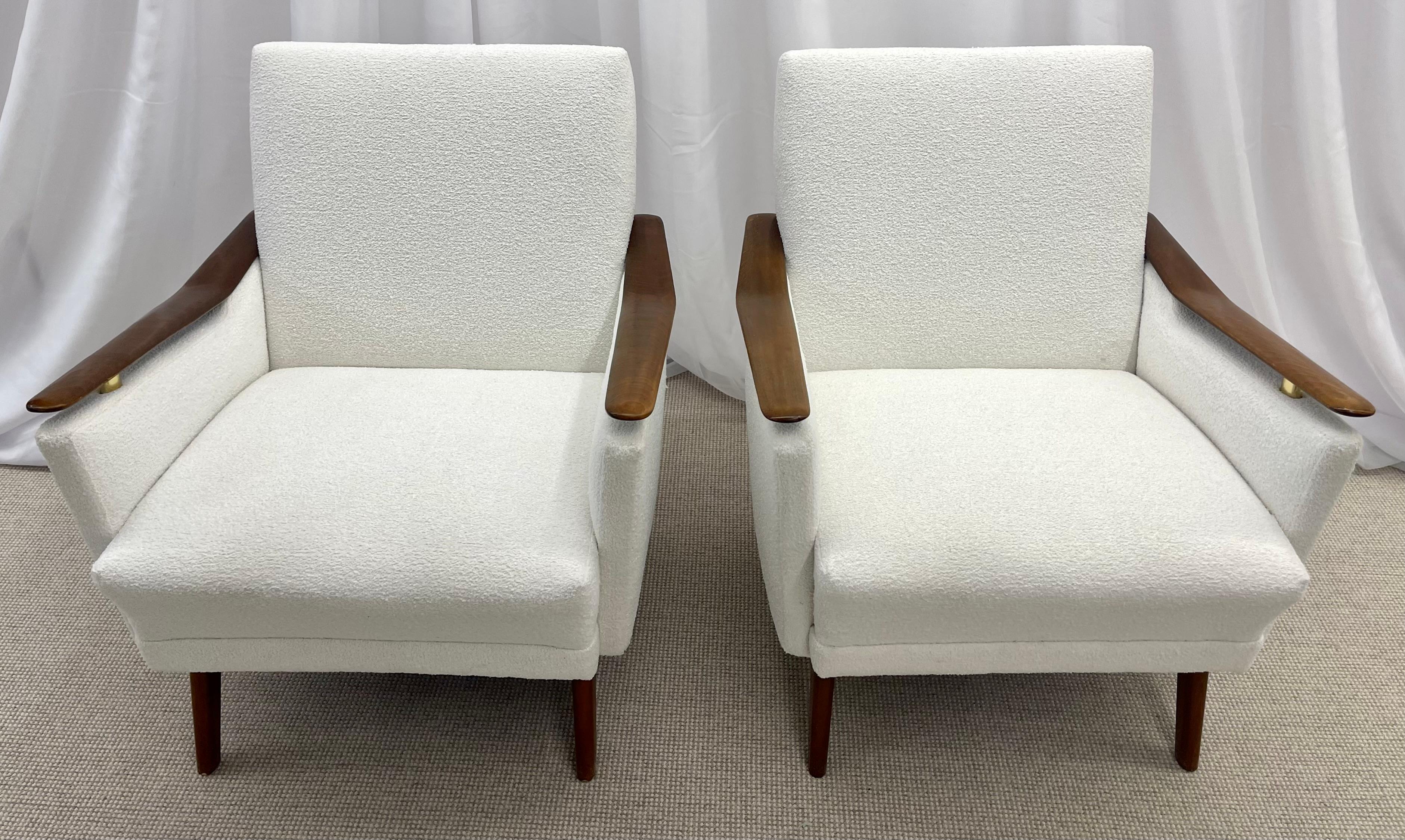 Wood Pair Mid-Century Danish Lounge Chairs, Manner of Finn Juhl, Bouclé, 1970s
