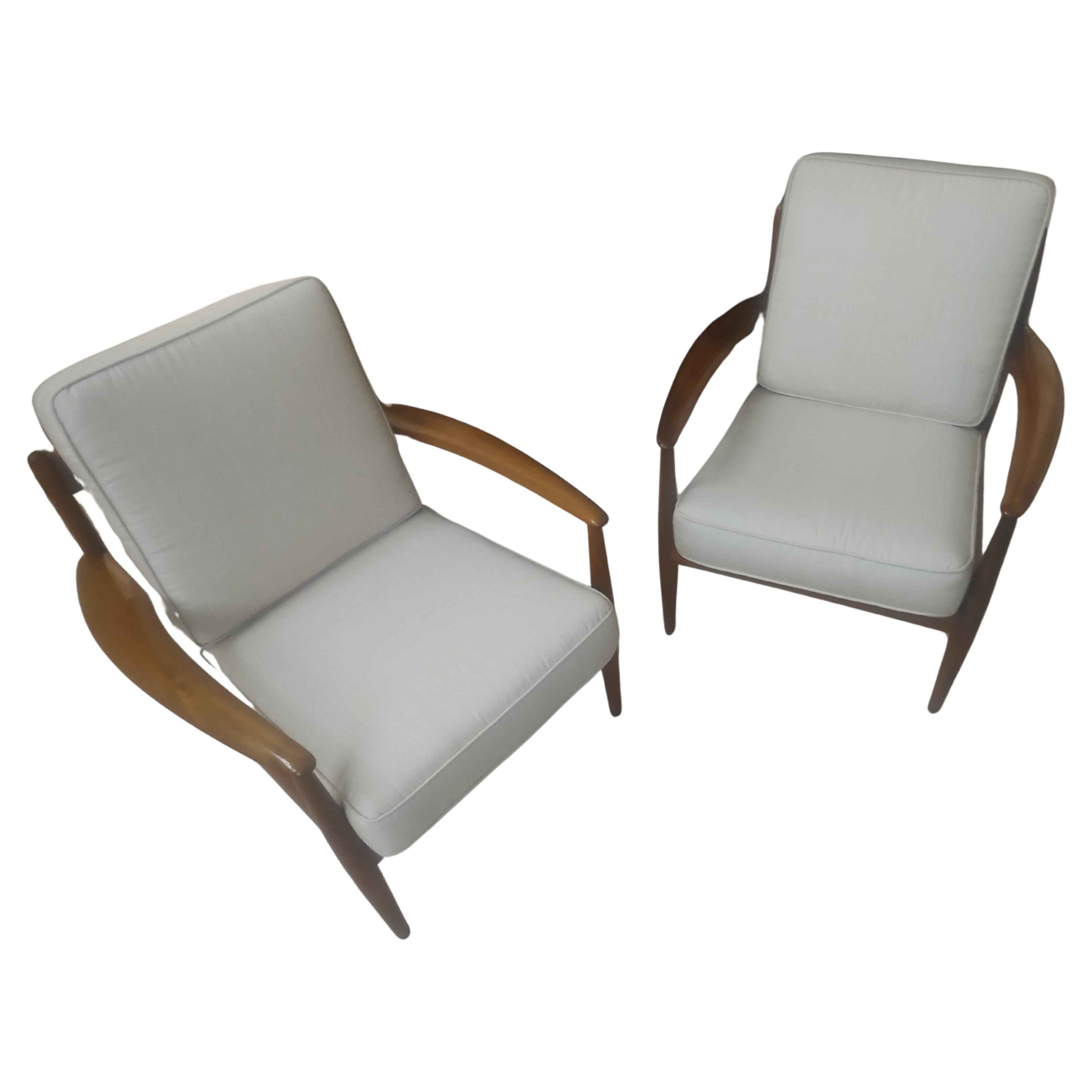 Hand-Crafted Pair Mid Century Danish Modern Beech Lounge Chairs by Grete Jalk - John Stuart  For Sale