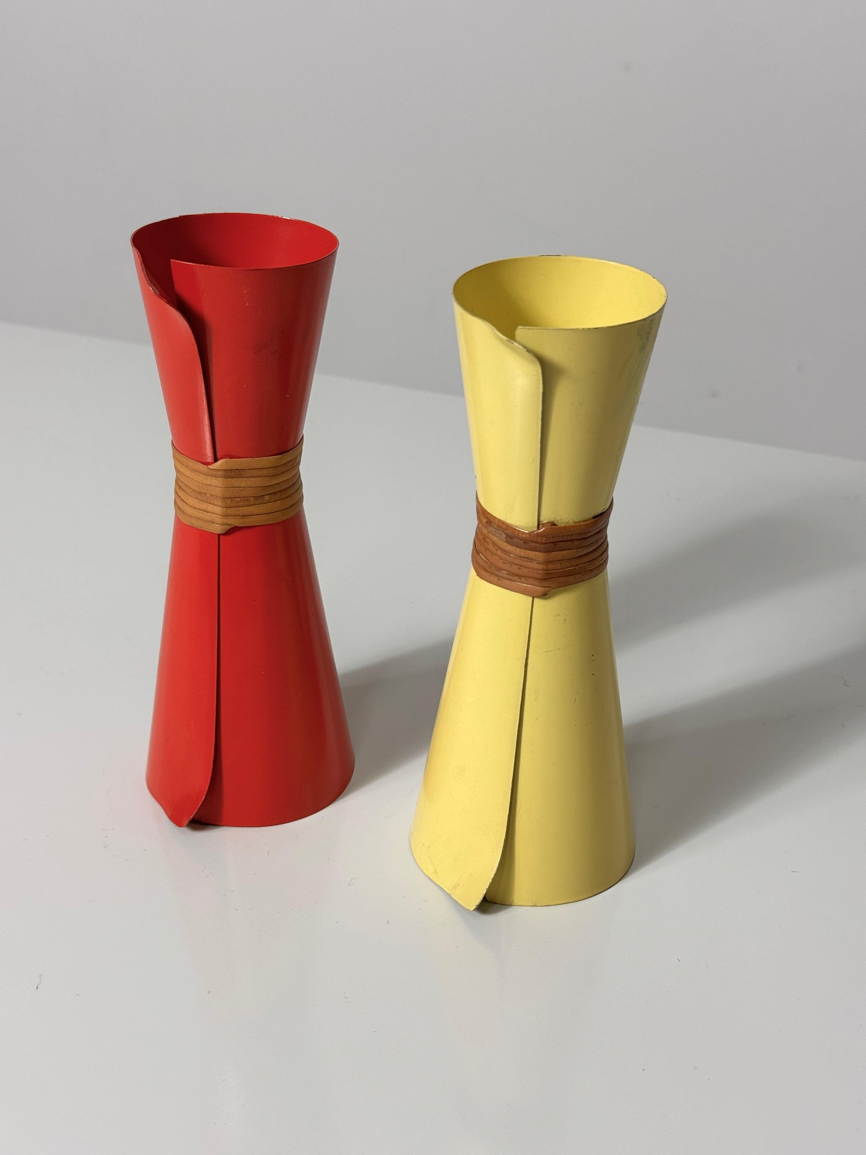 Mid-20th Century Pair Mid Century Danish Modern Enamel Ratten Sculptural Candlestick Holders For Sale