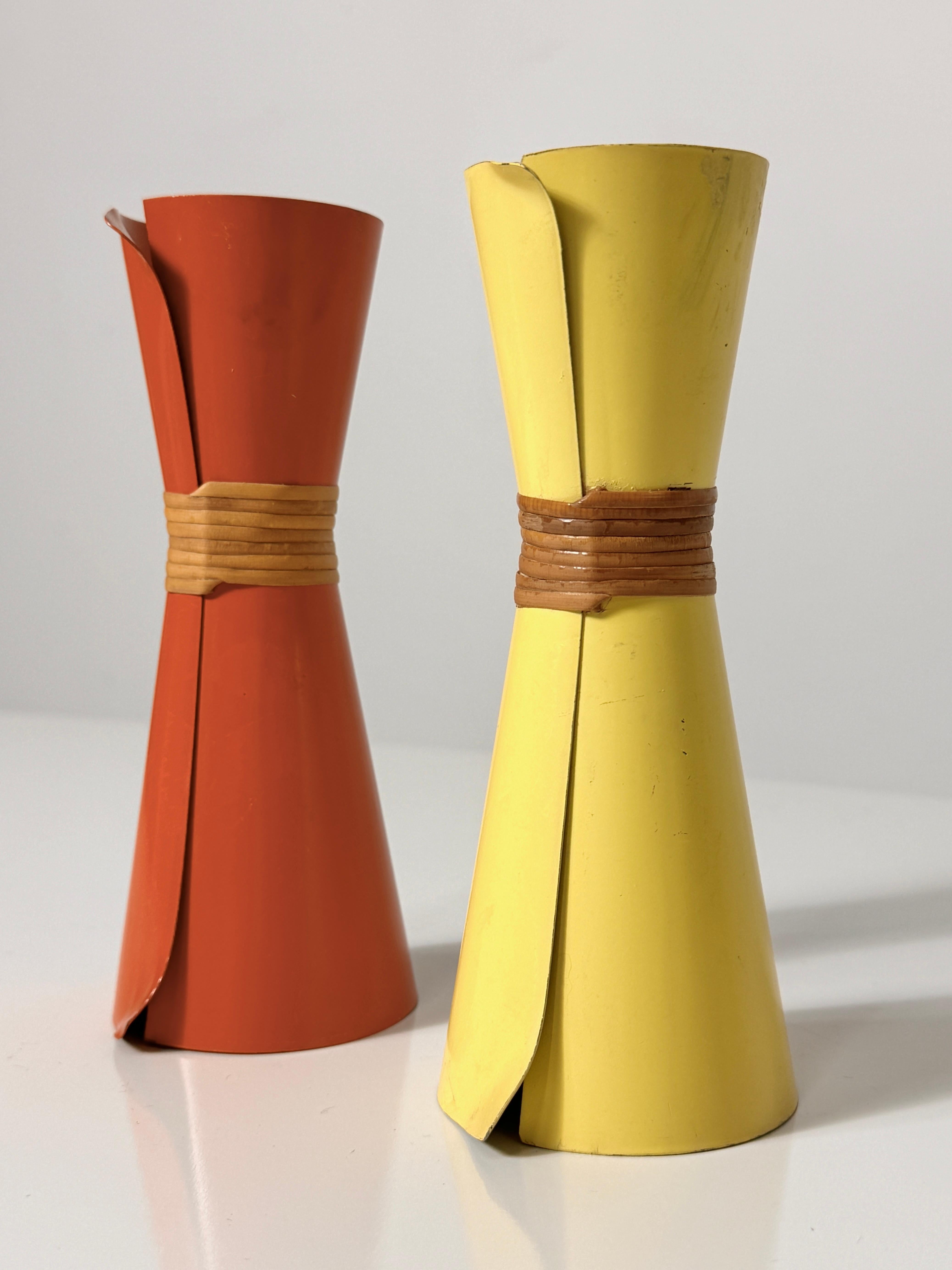 Pair Mid Century Danish Modern Enamel Ratten Sculptural Candlestick Holders For Sale 1