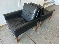 Pair Mid-Century Danish Modern Hans Olsen Black Leather Lounge Chairs Model 500