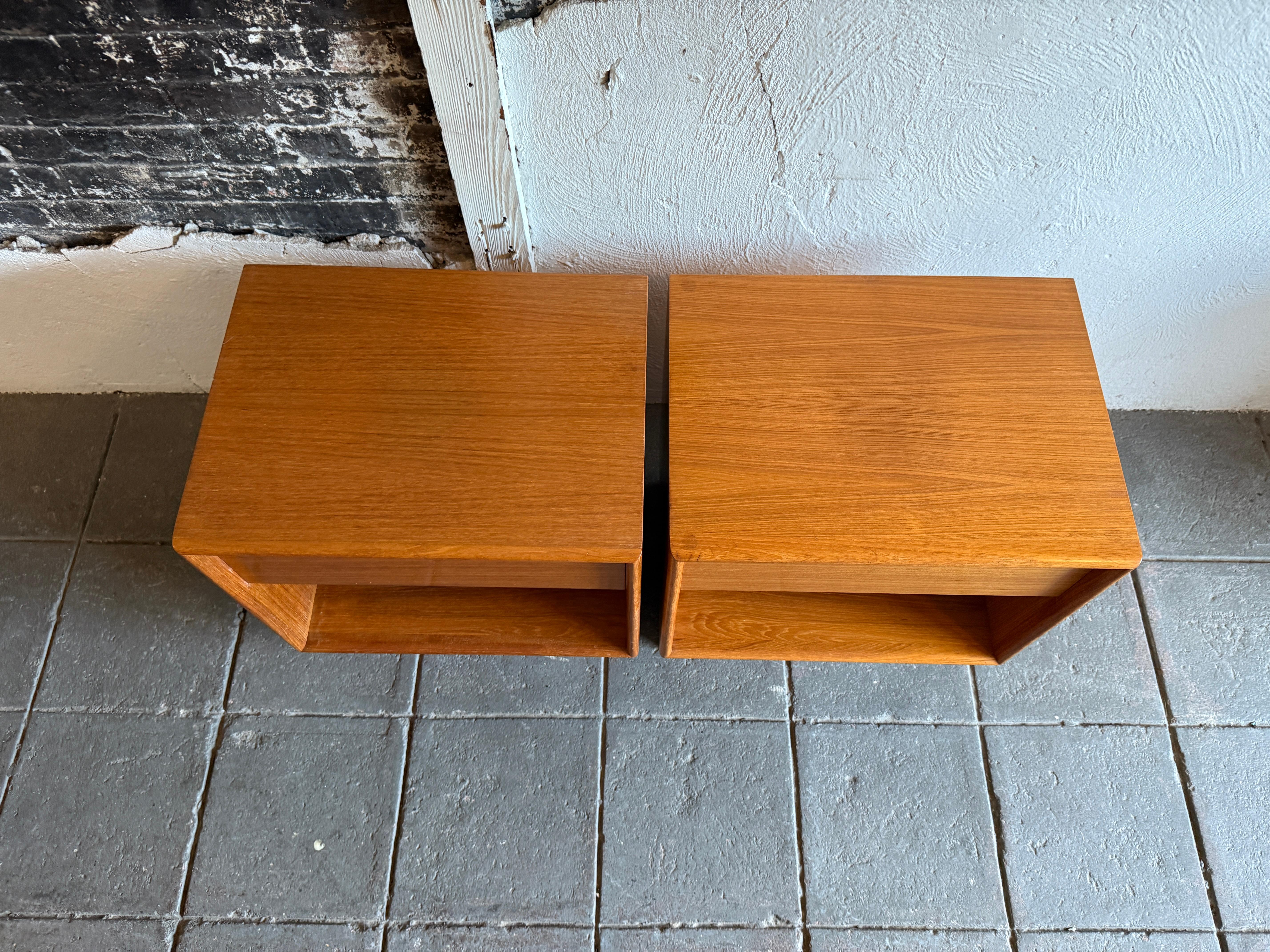 Teak Pair Mid century danish modern light teak single drawer Nightstands by Art Furn For Sale