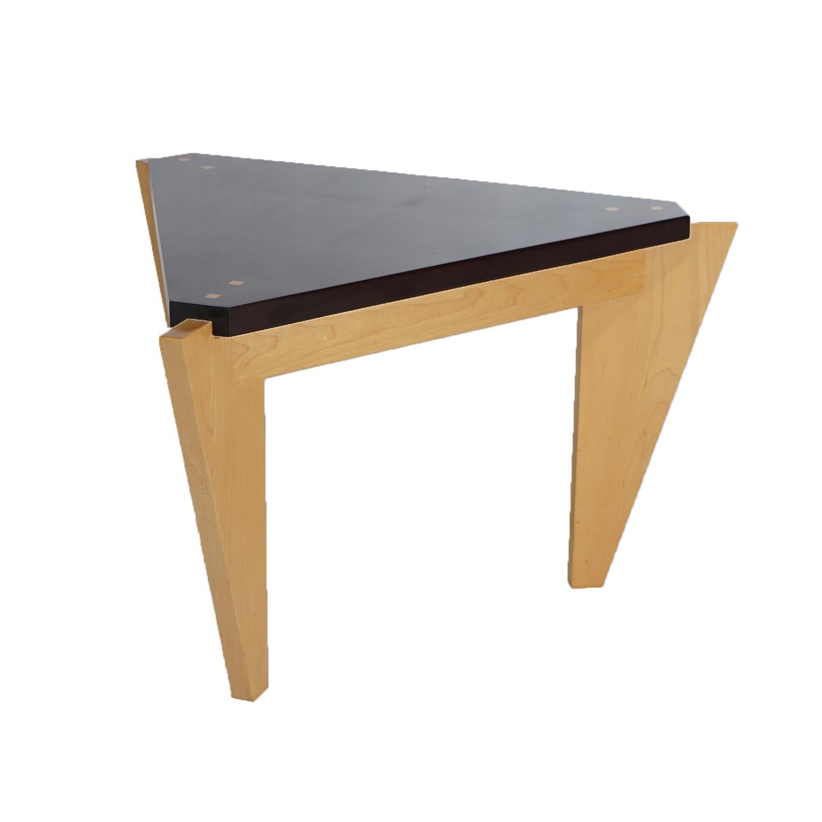 20th Century Pair Mid Century Danish Modern Mahogany & Maple Triangle Form Side Tables 20th