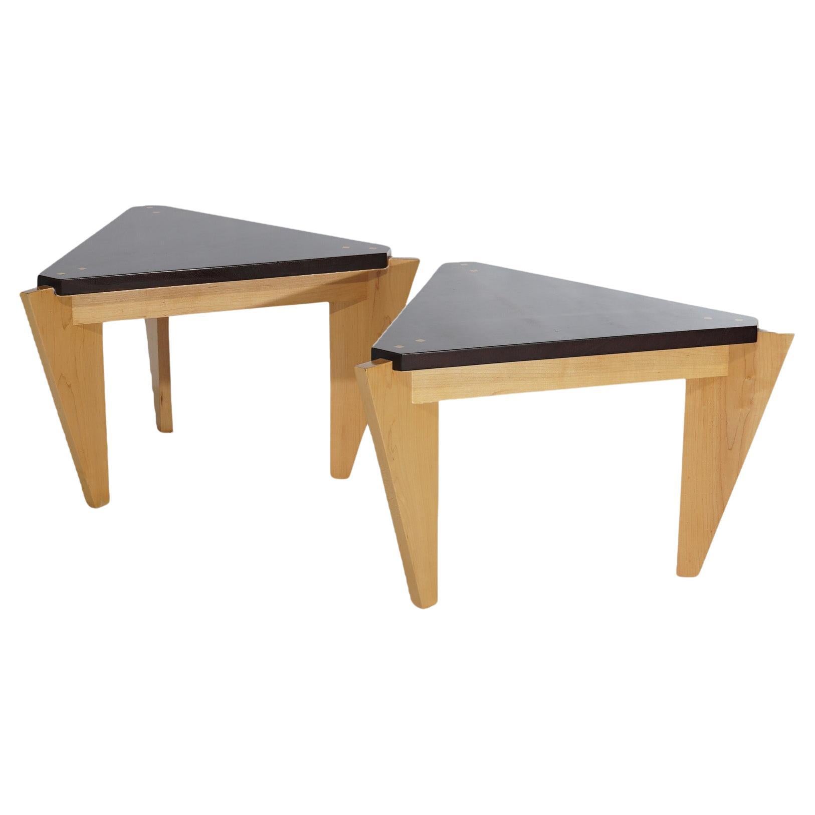 Pair Mid Century Danish Modern Mahogany & Maple Triangle Form Side Tables 20th