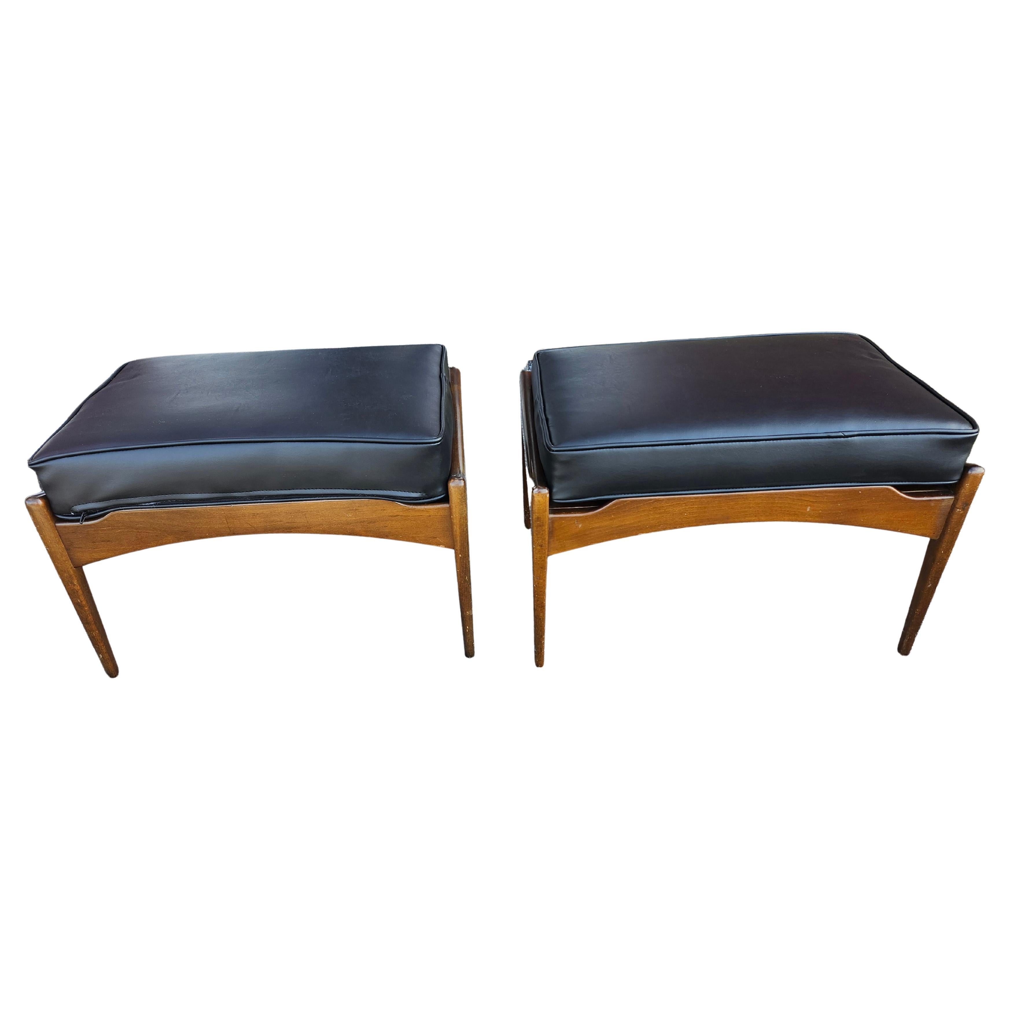 Pair Mid Century Danish Modern Sculptural Walnut w Leather Footstools by Selig For Sale