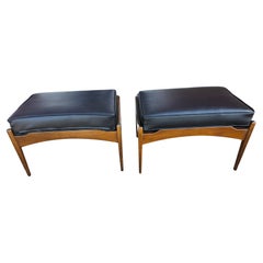 Pair Mid Century Danish Modern Sculptural Walnut w Leather Footstools by Selig