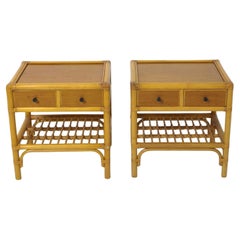 Pair Mid Century Danish Modern teak bamboo nightstands by DUX