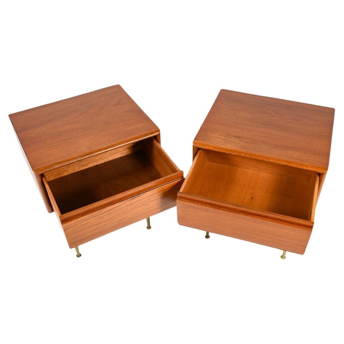 Danish Pair Mid century danish modern teak nightstands with brass legs