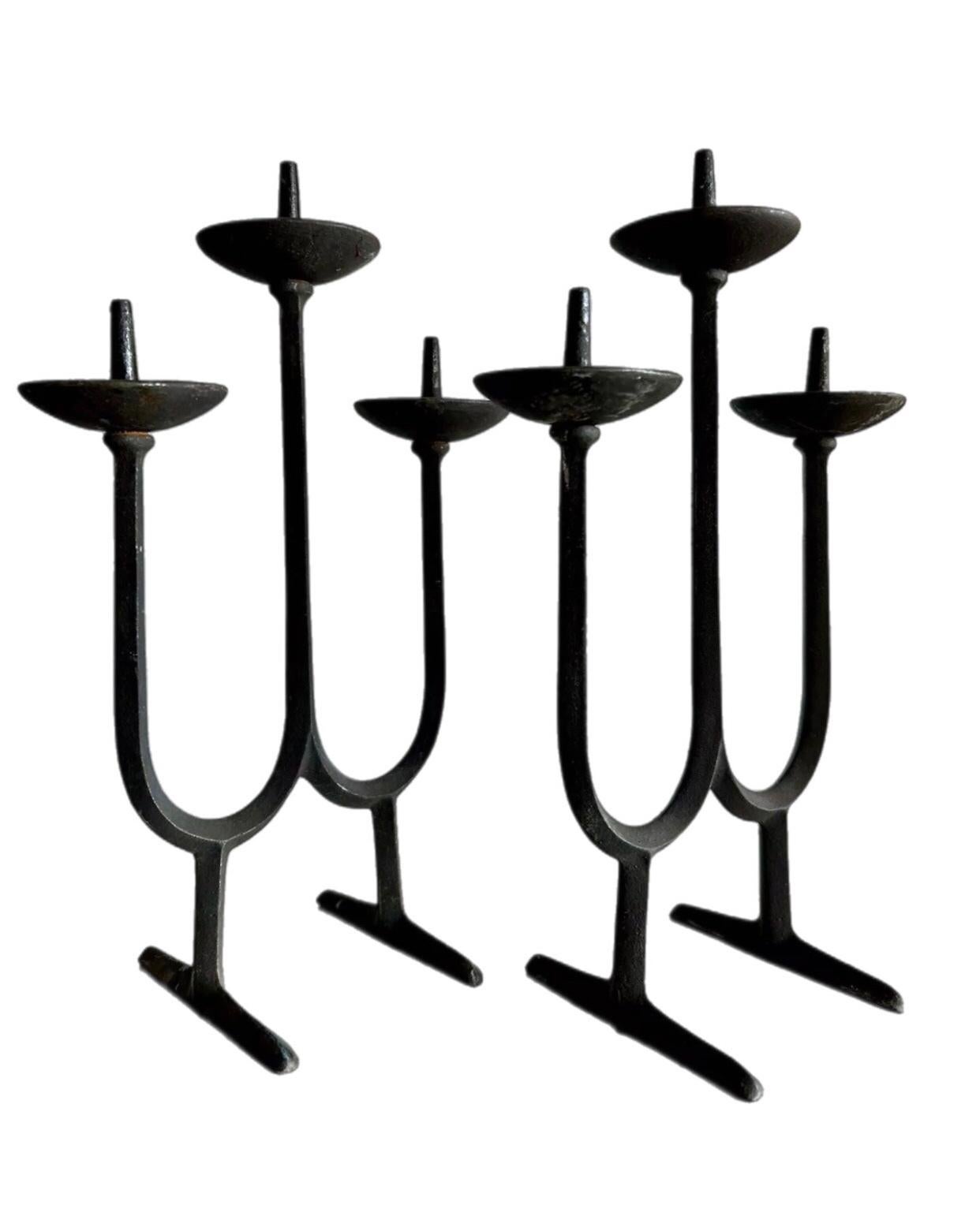  Pair Mid Century Dansk Jens Quistgaard Iron Brutalist Candle Holder Candelabra 

Pair of Mid Century Jens Quistgaard JHQ Iron Brutalist Candle Holders Candelabras for Dansk. 
Made in Denmark. Circa 1962

Stunning pair of minimalist, cast iron, 3