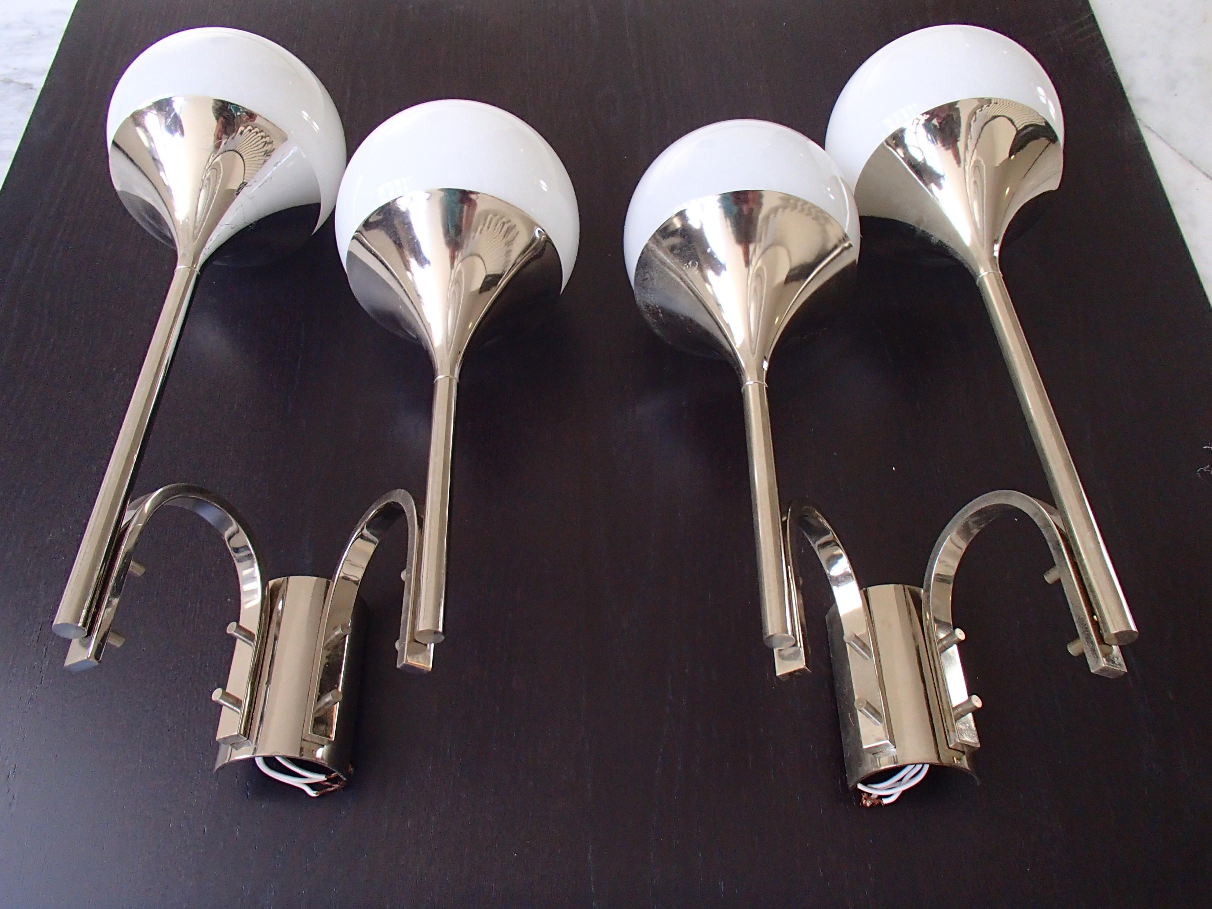 Pair of midcentury double wall lights chrome white glass bowls.