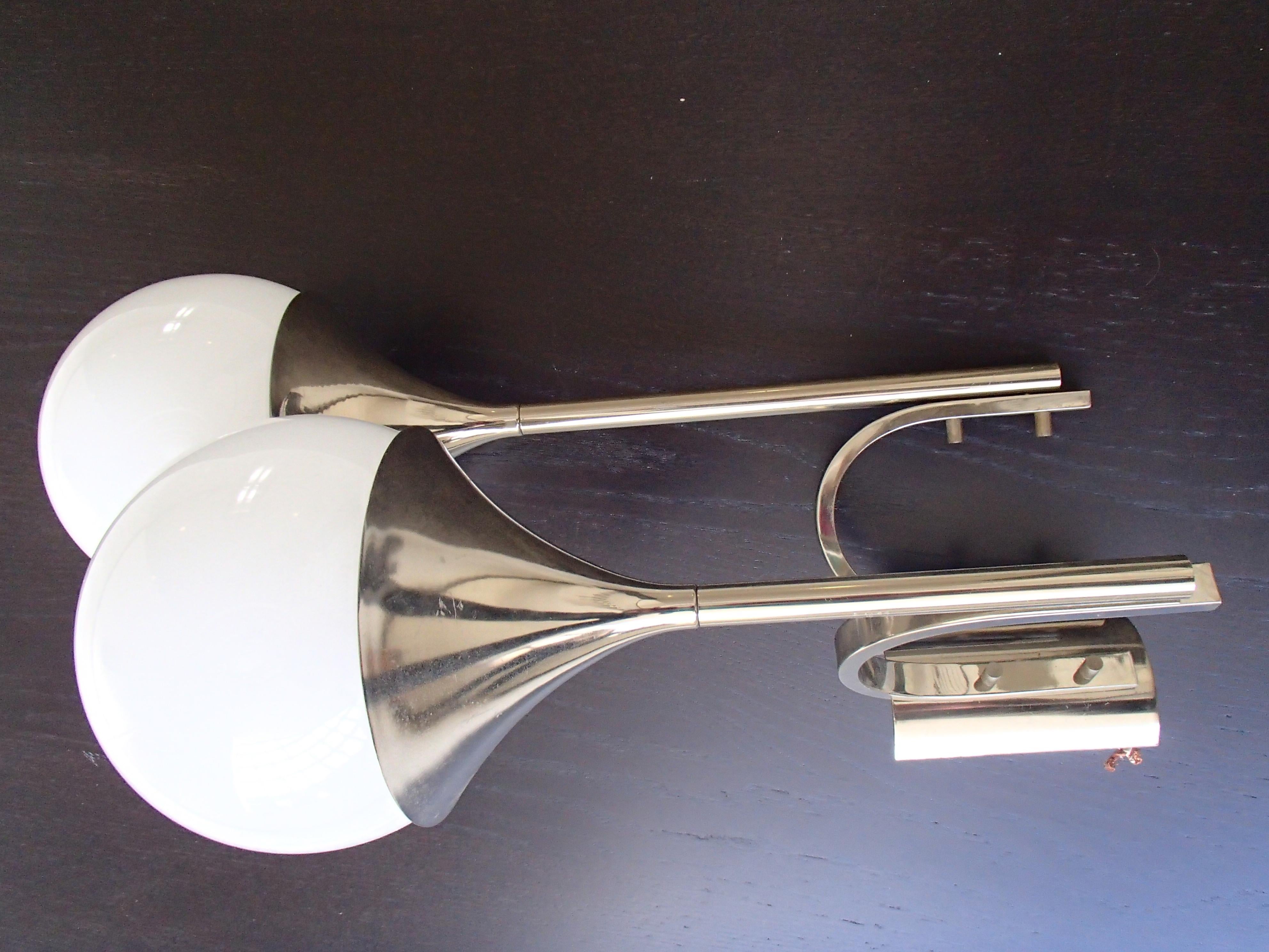Mid-Century Modern Pair of Midcentury Double Wall Lights Chrome White Glass Bowls