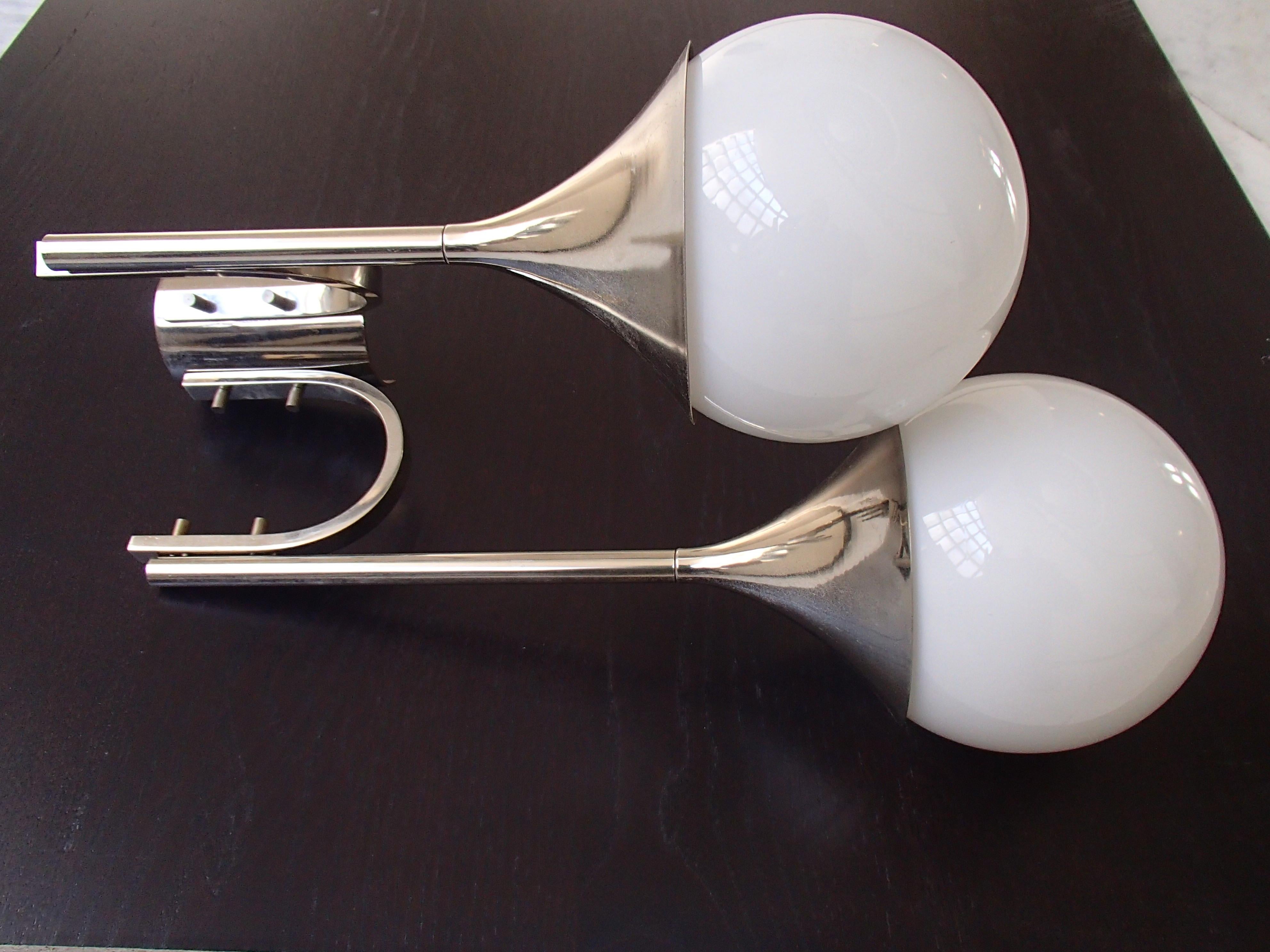 French Pair of Midcentury Double Wall Lights Chrome White Glass Bowls