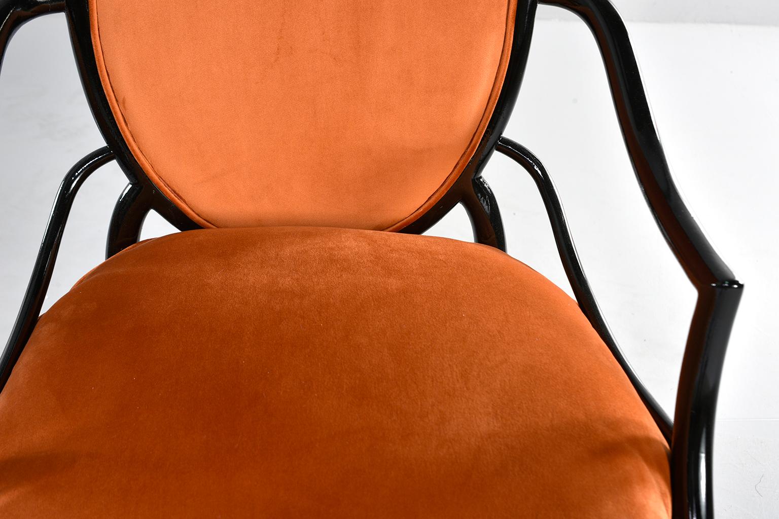 Pair of Midcentury Ebonised Bentwood Armchairs with New Orange Velvet Upholstery 8