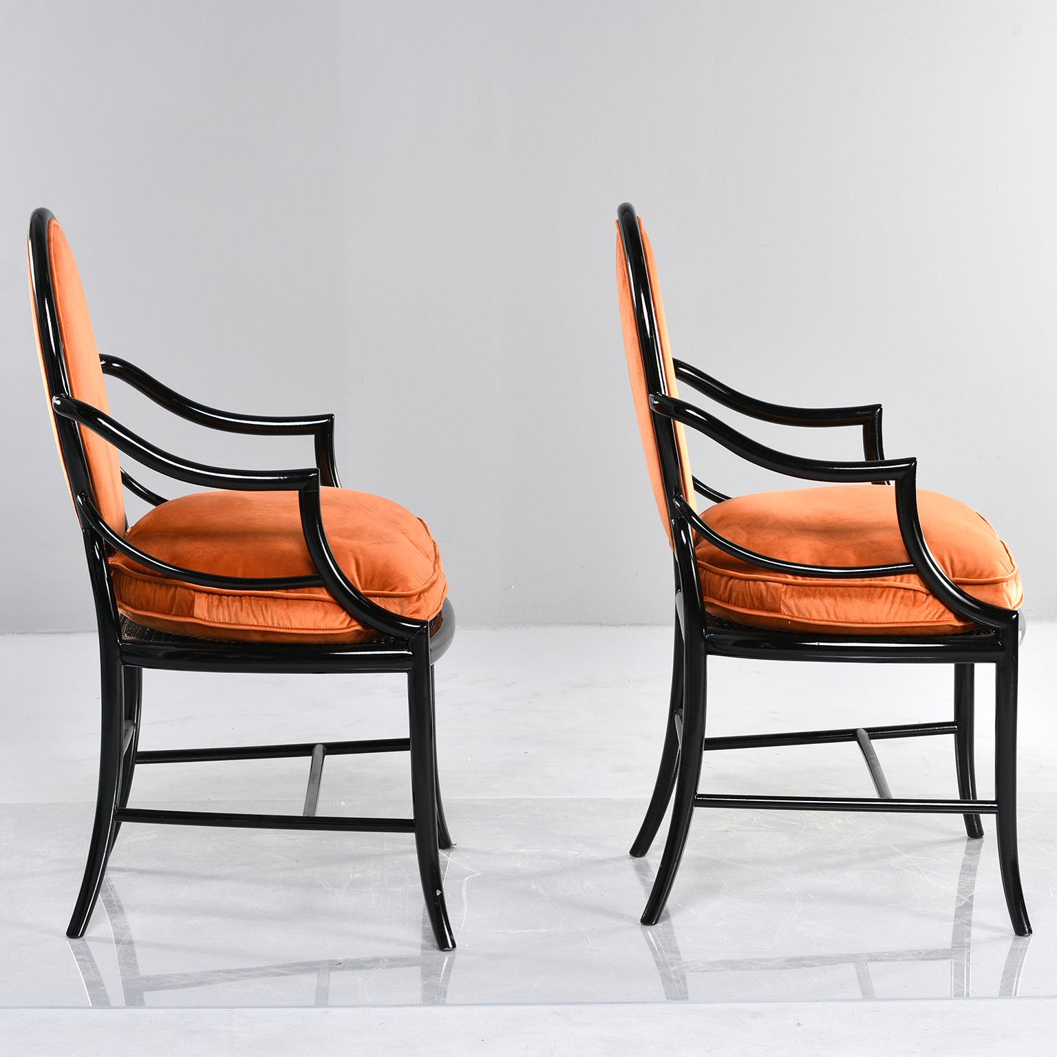 European Pair of Midcentury Ebonised Bentwood Armchairs with New Orange Velvet Upholstery