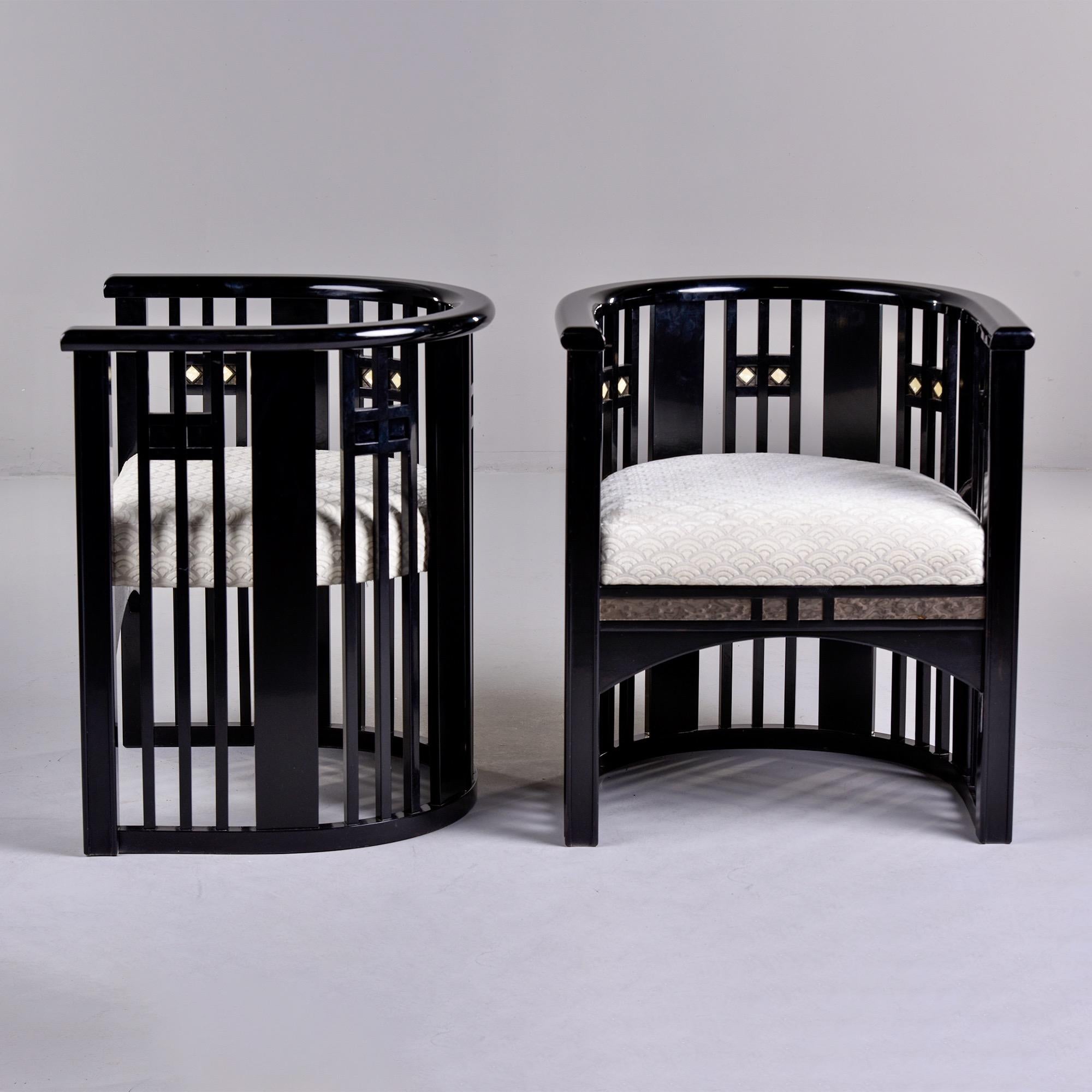 Pair of circa 1970s Josef Hoffmann style black lacquered chairs found in Italy. Seats have been recovered in Maxwell off-white textured velvet. Unknown maker. Sold and priced as a pair. 

Measures: Arm Height: 27.5” Seat Height: 18.5”
Seat Depth: