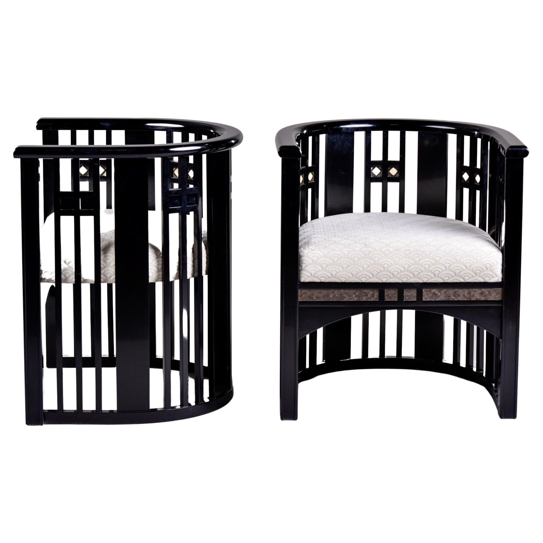 Pair Mid Century Ebonised Chairs in the Manner of Josef Hoffmann