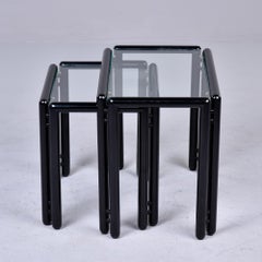 Pair Mid Century Ebonised Stacking Tables with Glass Tops