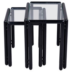 Pair Mid Century Ebonised Stacking Tables with Glass Tops