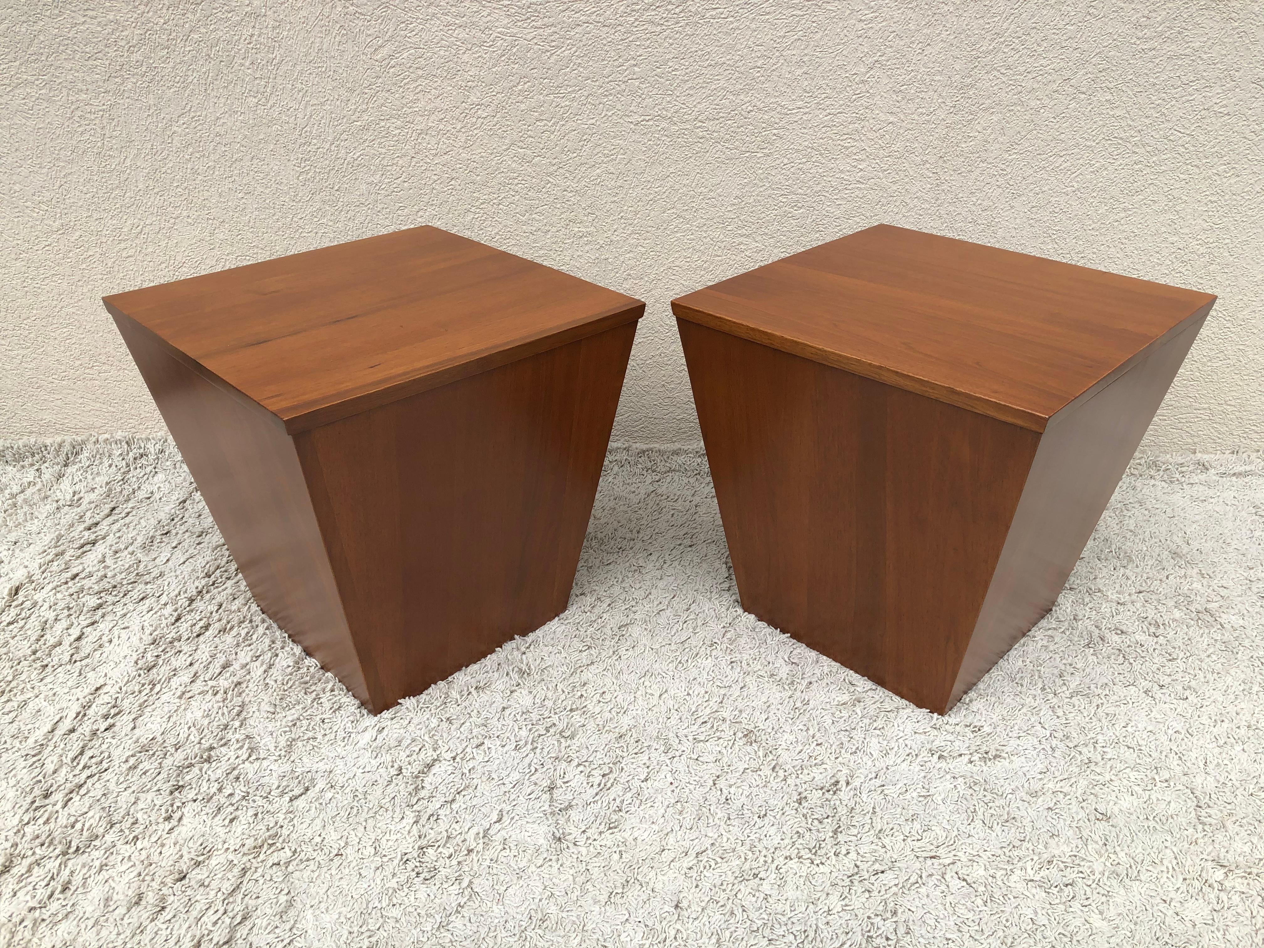 Pair of midcentury cube end tables with storage compartment mahogany wood lids are fitted to lift and store.