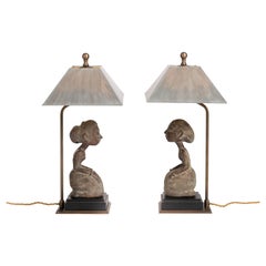 Vintage Pair of Mid-Century Asian Figural Bronze Table Lamps in Brown-Grey Bali 1950s