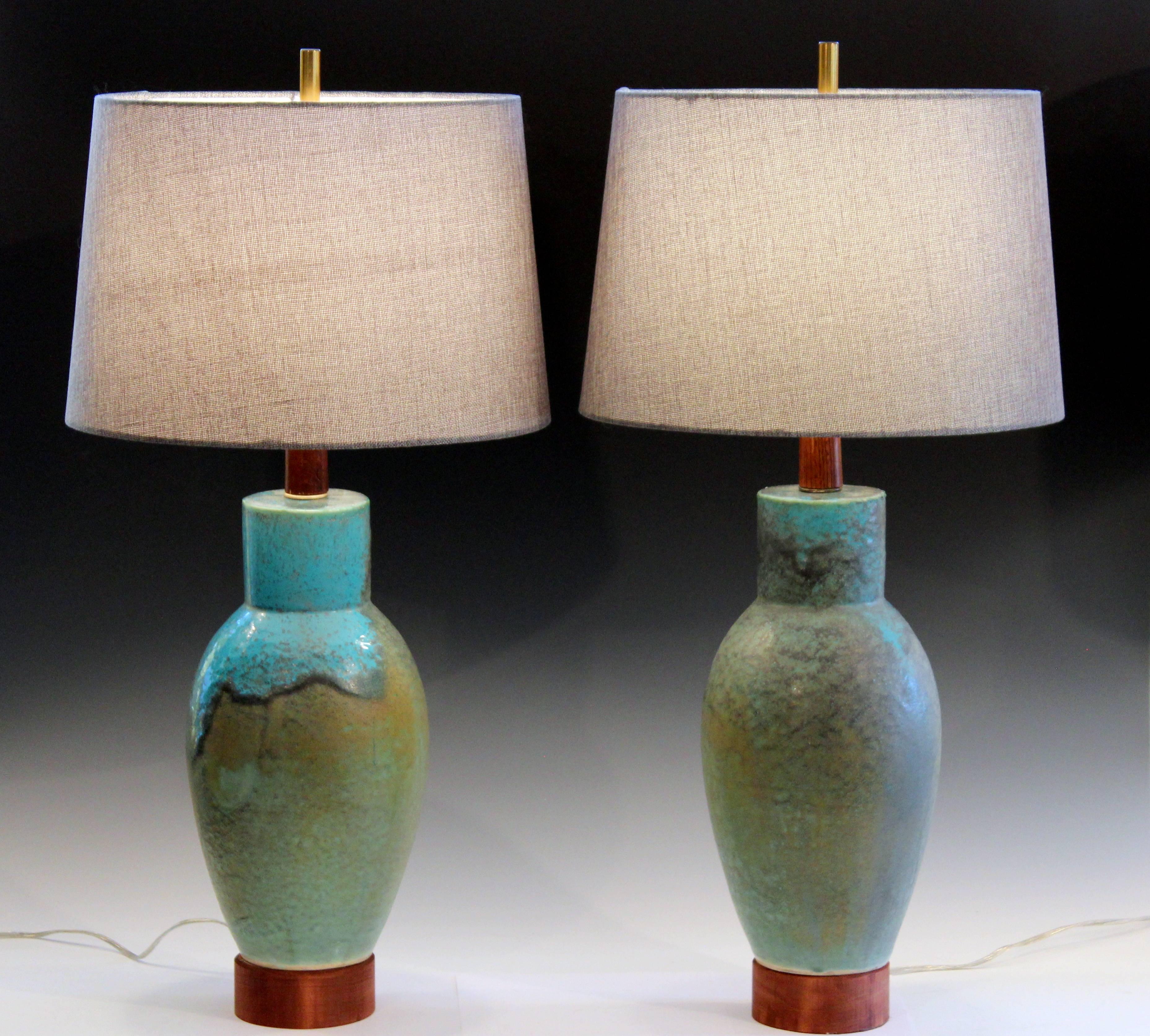 Pair of Midcentury Flambe Crystalline Galloway Glaze Old Japanese Lamps Pottery 3