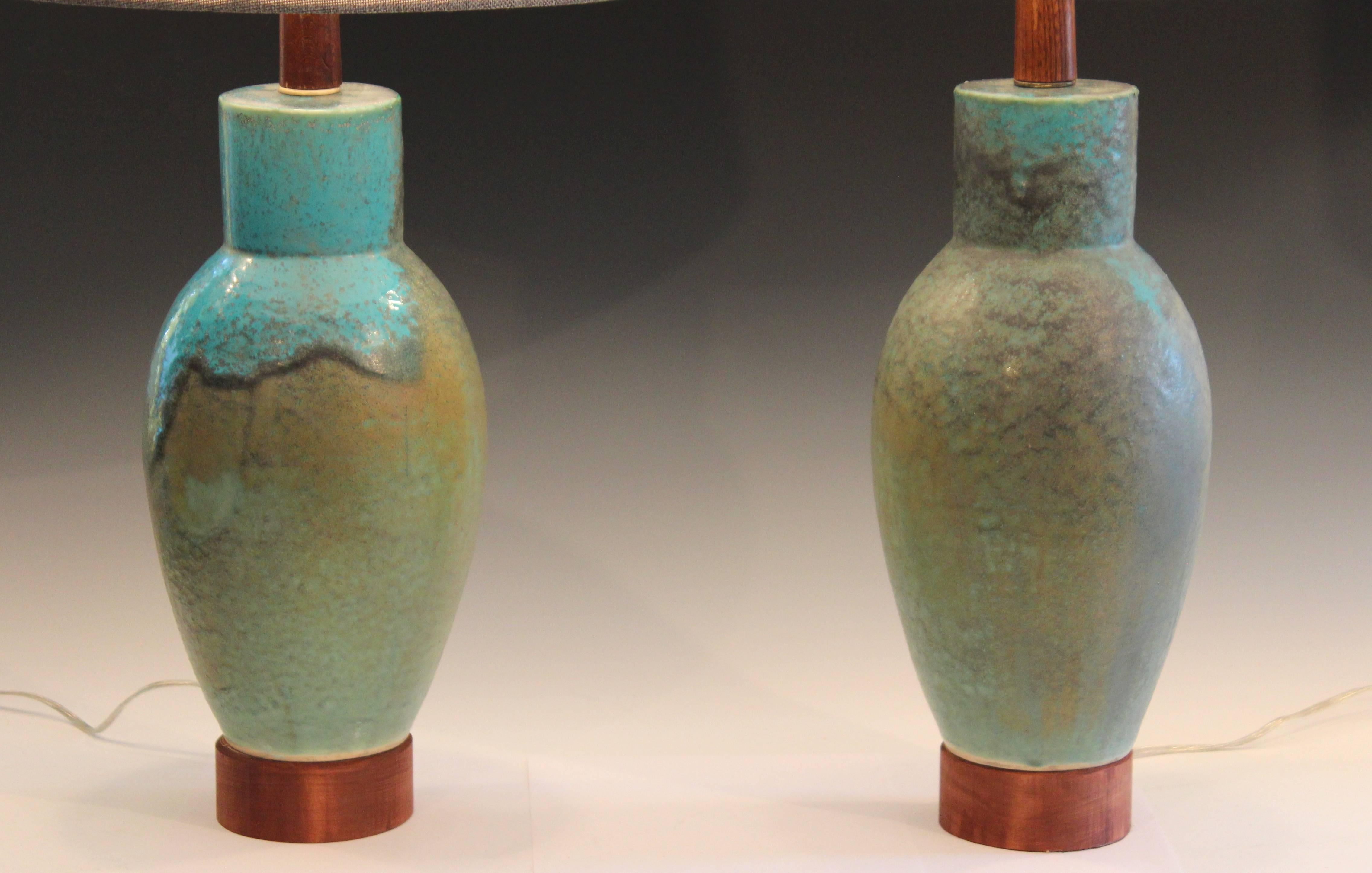 Pair of Midcentury Flambe Crystalline Galloway Glaze Old Japanese Lamps Pottery In Excellent Condition In Wilton, CT