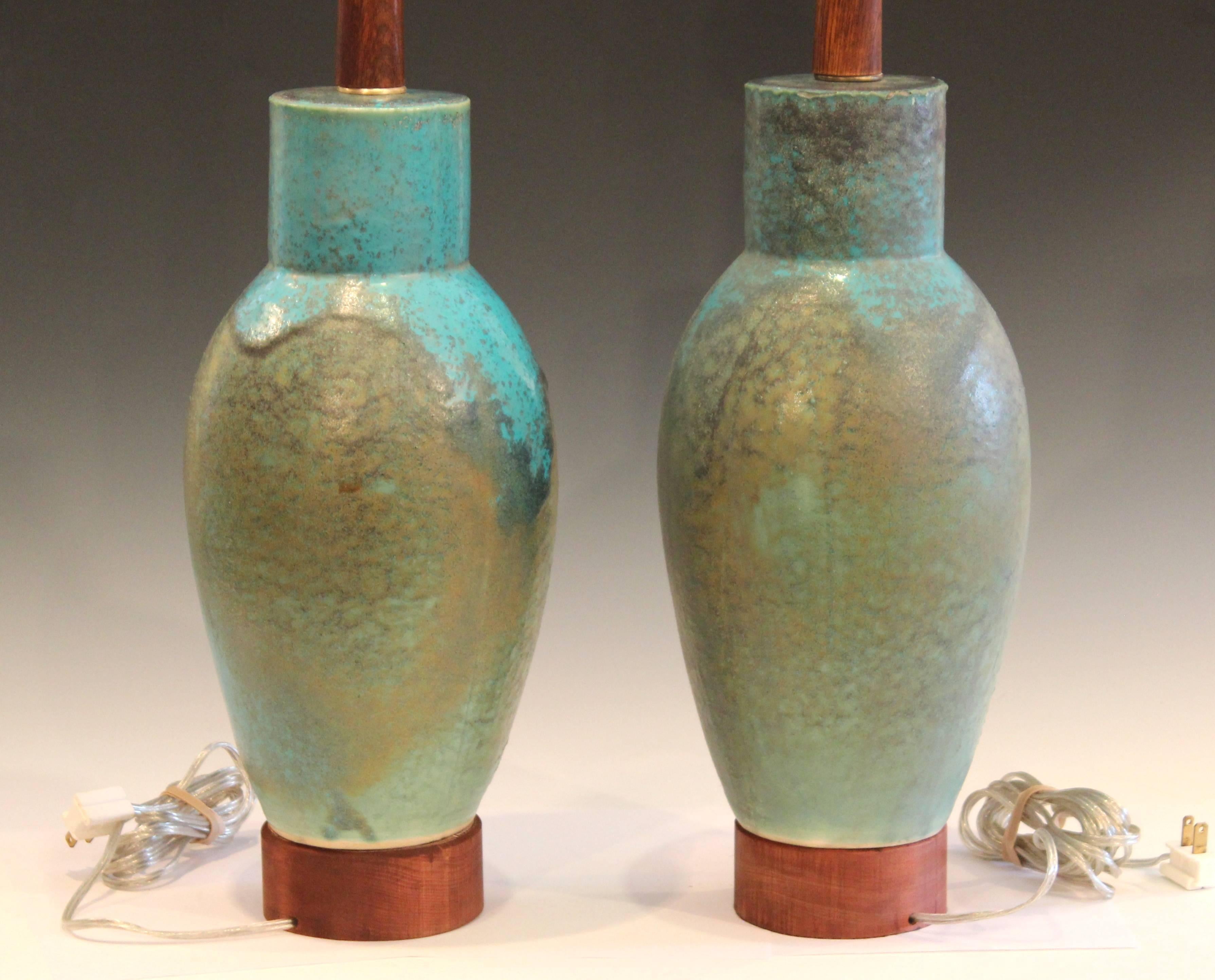 Mid-20th Century Pair of Midcentury Flambe Crystalline Galloway Glaze Old Japanese Lamps Pottery