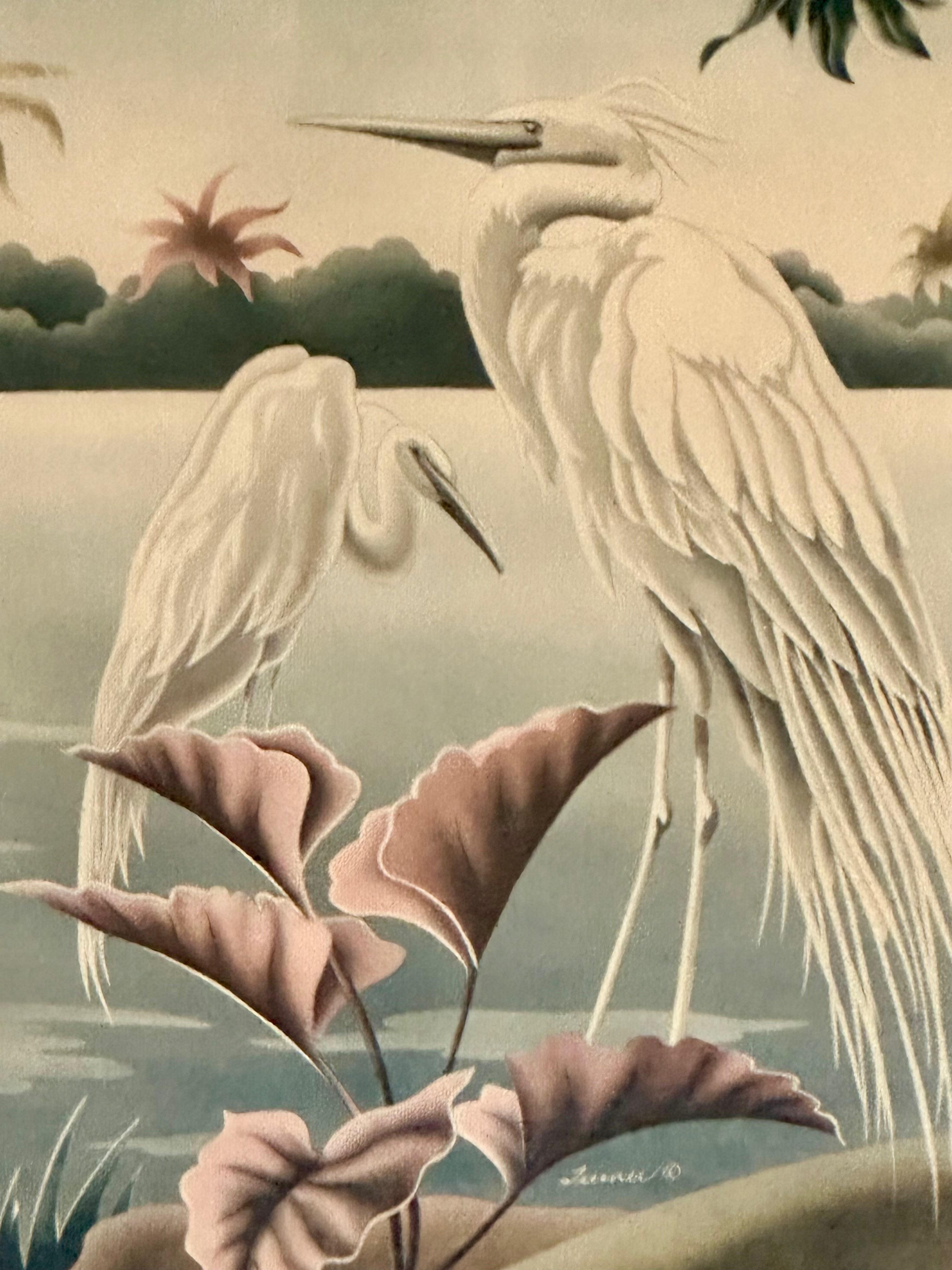 Paar Flamingo- und Egrets-Drucke von Turner aus der Mitte des Jahrhunderts in Spiegelrahmen im Angebot 6