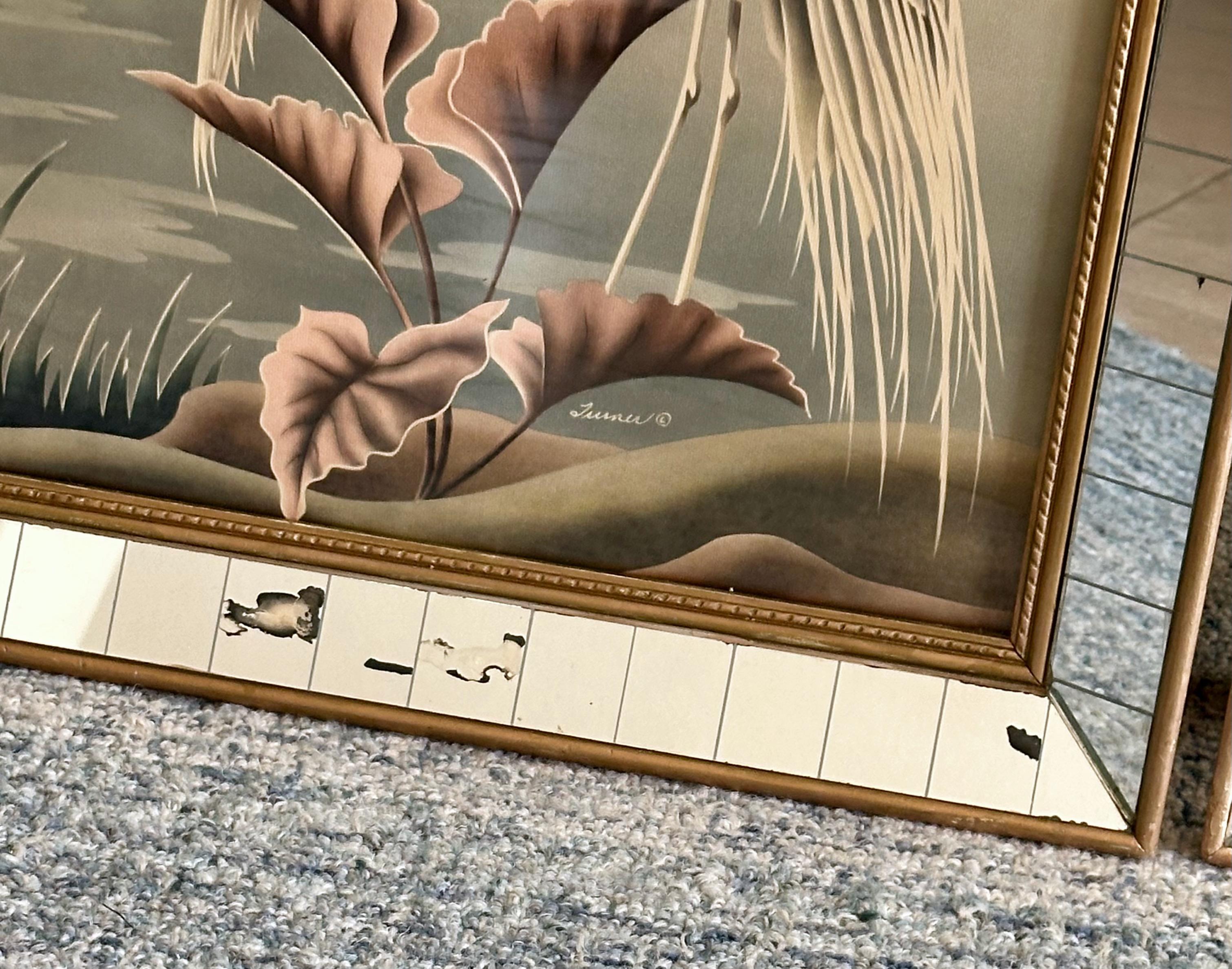 Paar Flamingo- und Egrets-Drucke von Turner aus der Mitte des Jahrhunderts in Spiegelrahmen im Angebot 9