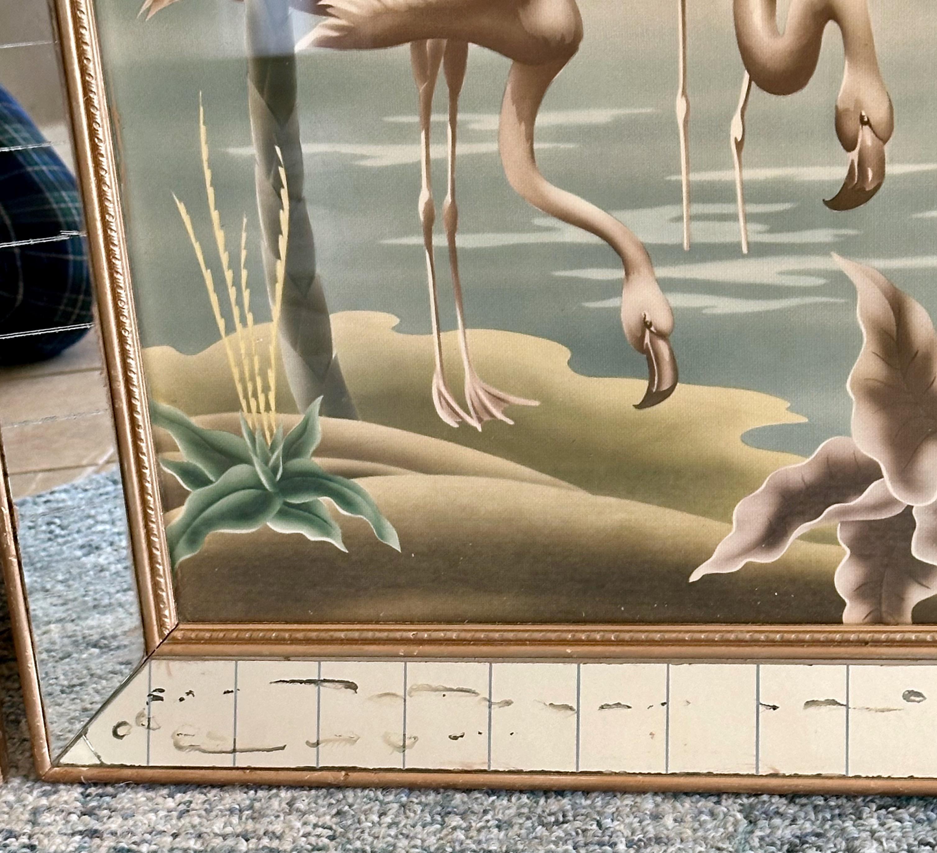 Paar Flamingo- und Egrets-Drucke von Turner aus der Mitte des Jahrhunderts in Spiegelrahmen im Angebot 10