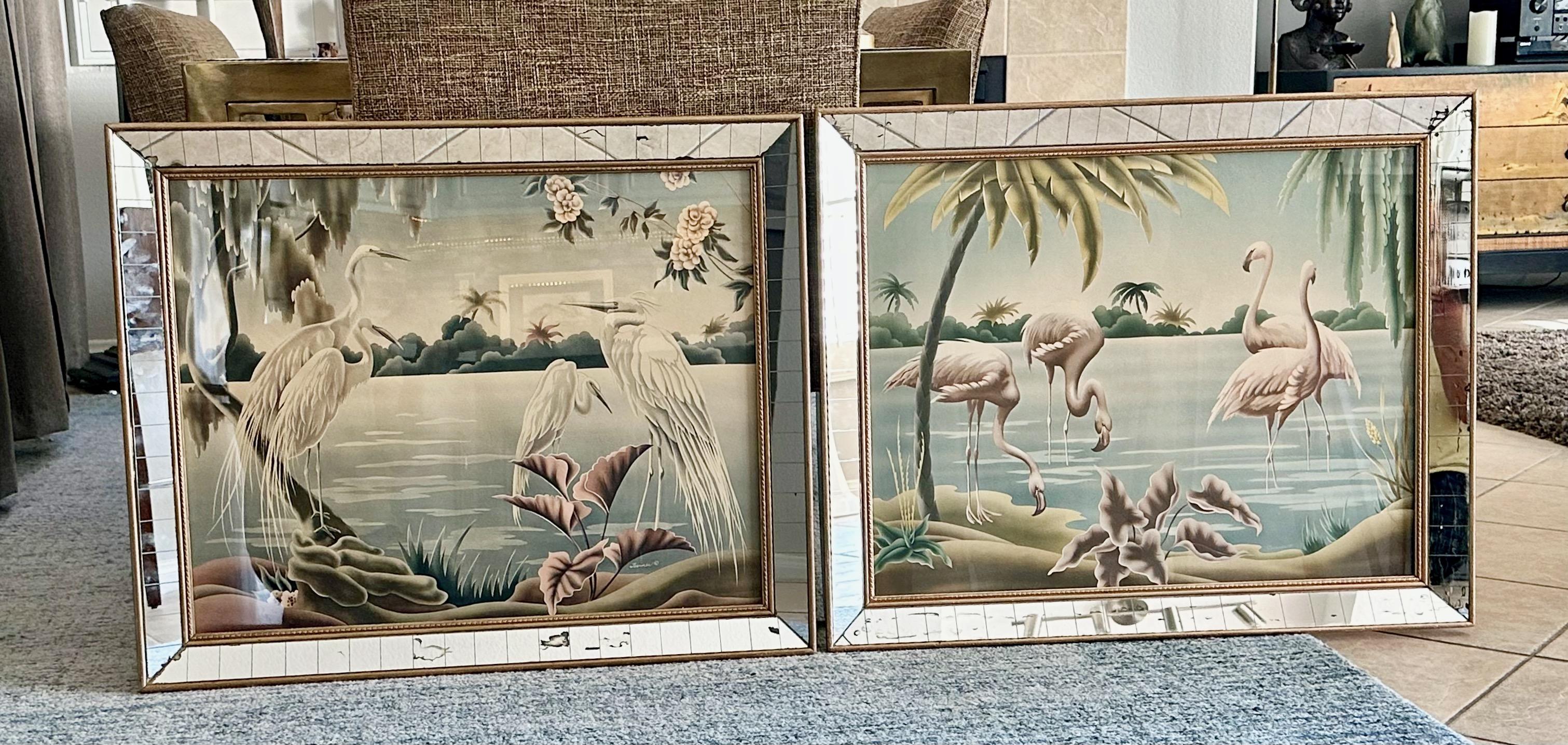 Paar Flamingo- und Egrets-Drucke von Turner aus der Mitte des Jahrhunderts in Spiegelrahmen im Angebot 14