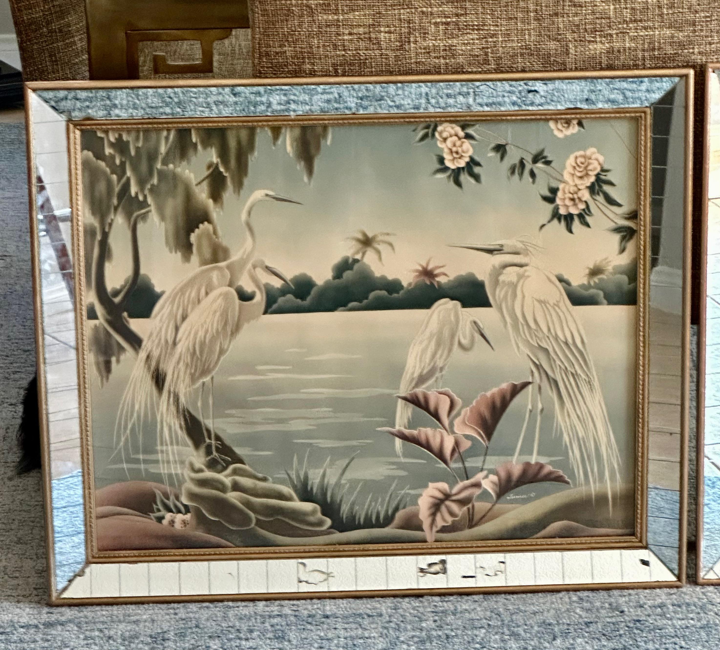 Paar Flamingo- und Egrets-Drucke von Turner aus der Mitte des Jahrhunderts in Spiegelrahmen im Zustand „Gut“ im Angebot in Palm Springs, CA