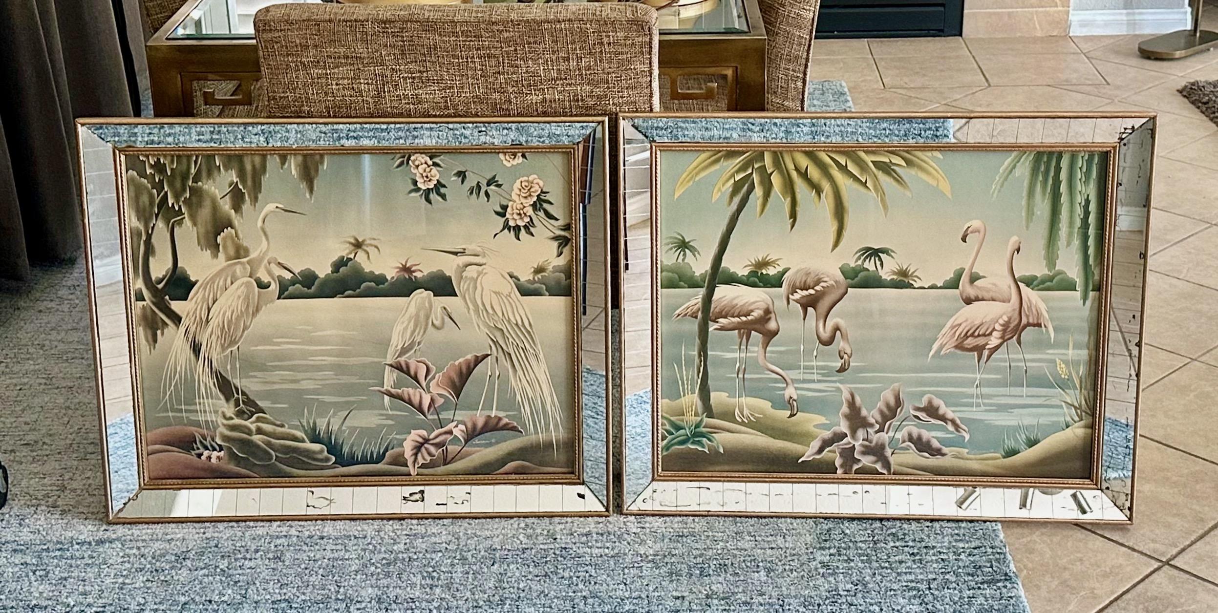 Paar Flamingo- und Egrets-Drucke von Turner aus der Mitte des Jahrhunderts in Spiegelrahmen (Mitte des 20. Jahrhunderts) im Angebot