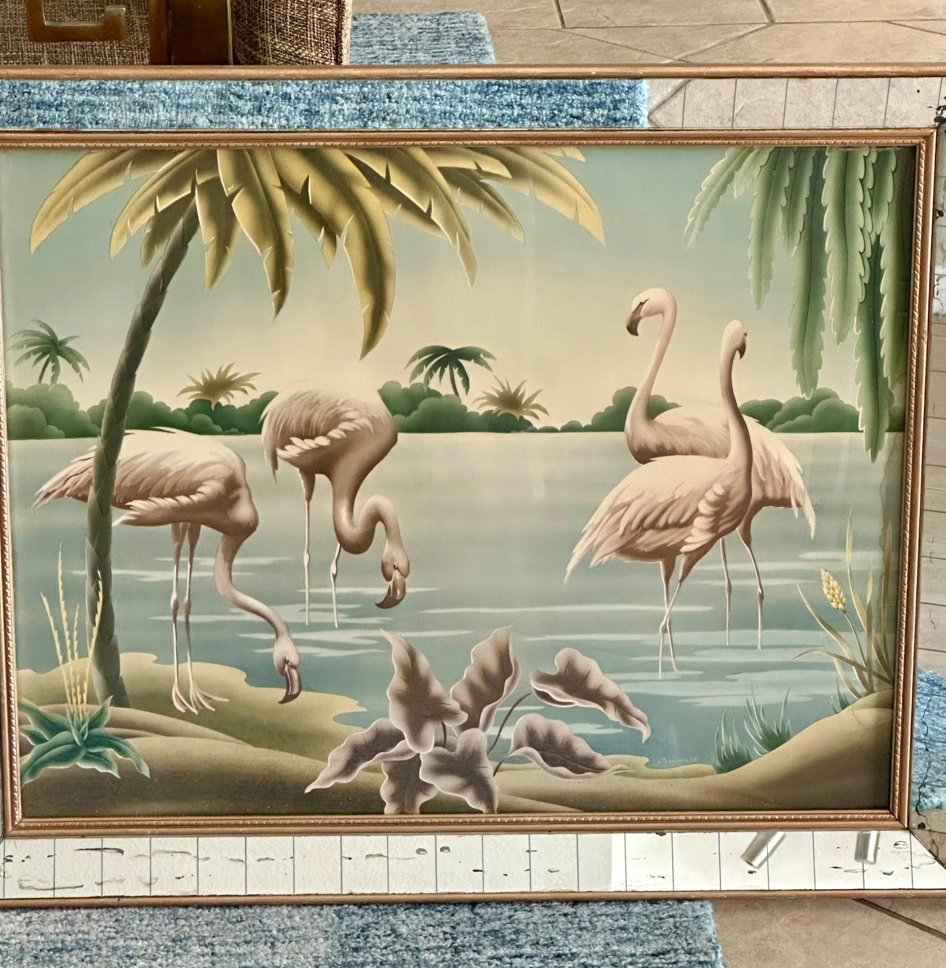 Paar Flamingo- und Egrets-Drucke von Turner aus der Mitte des Jahrhunderts in Spiegelrahmen (Holz) im Angebot