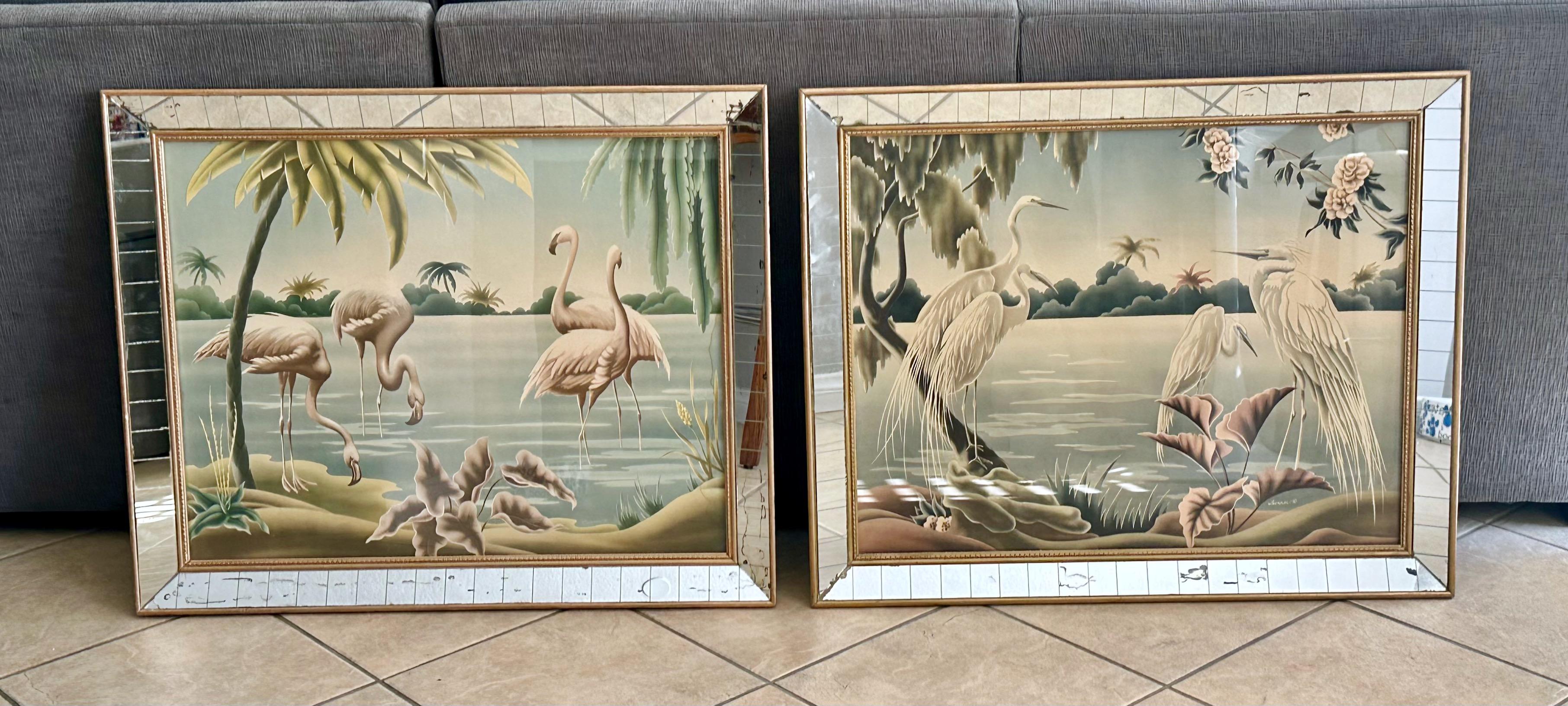 Paar Flamingo- und Egrets-Drucke von Turner aus der Mitte des Jahrhunderts in Spiegelrahmen im Angebot 1