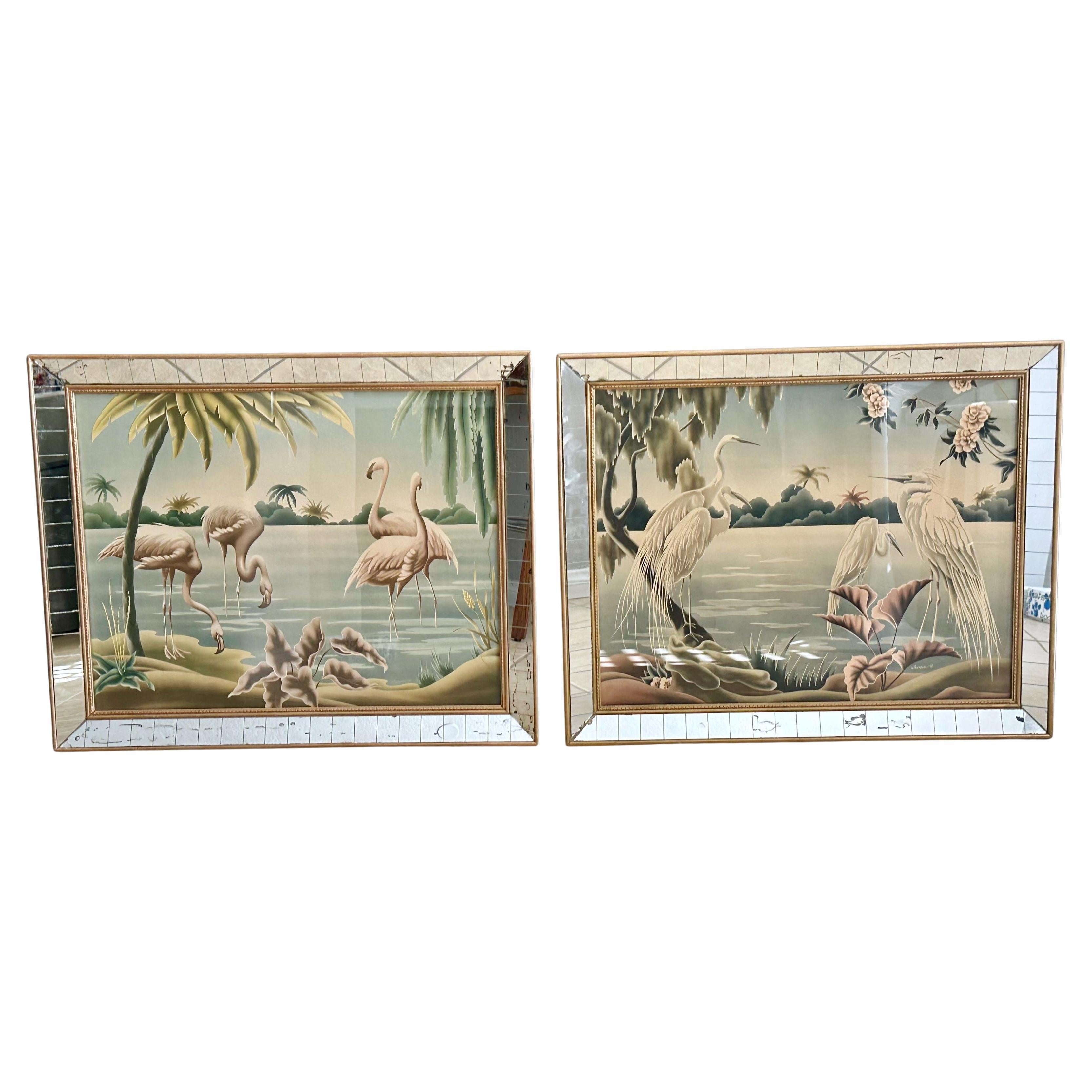 Pair Mid Century Flamingo & Egrets Prints by Turner in Mirror Frames